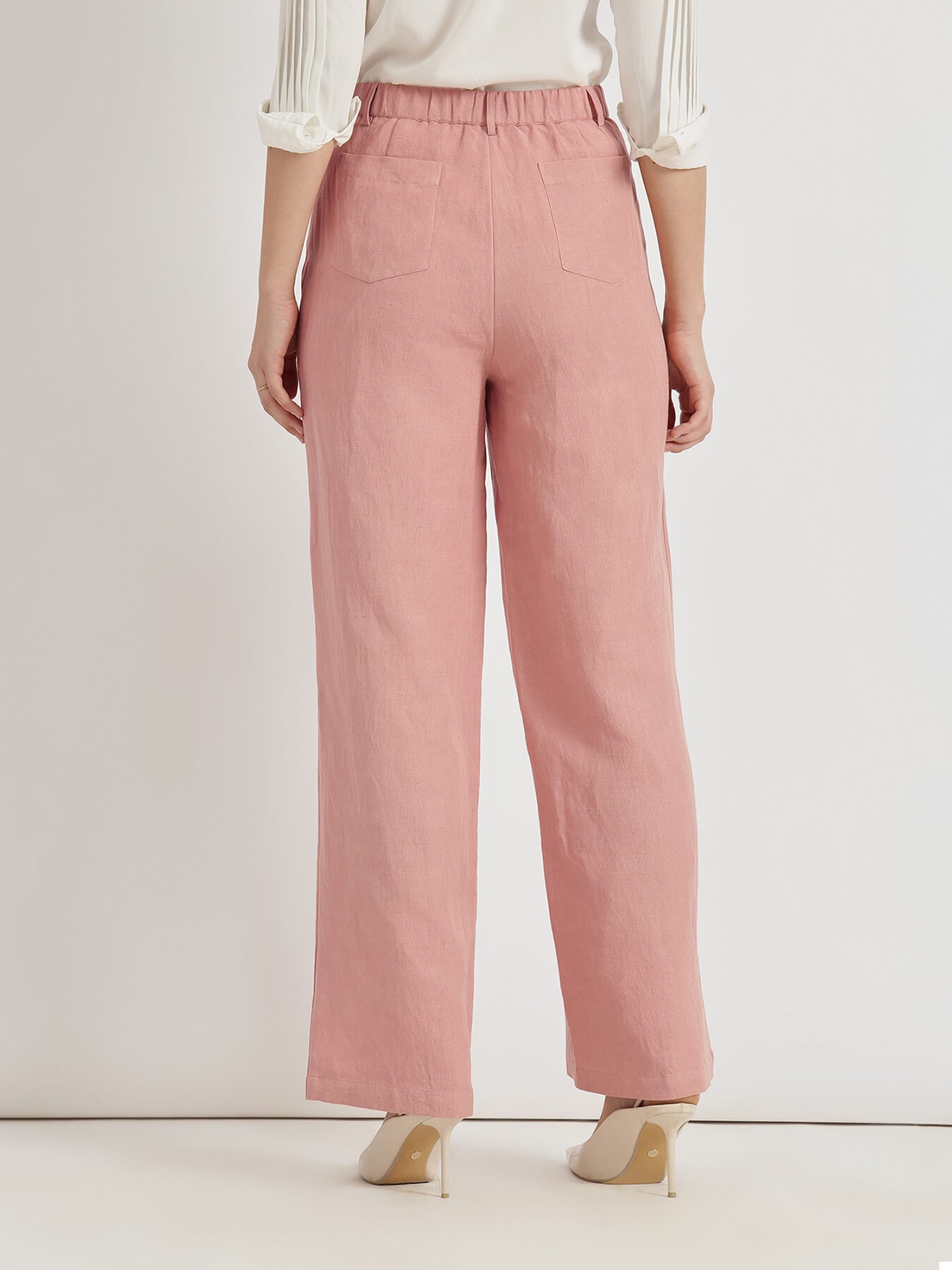 Linen Mid Rise Wide Leg Trousers - Pink