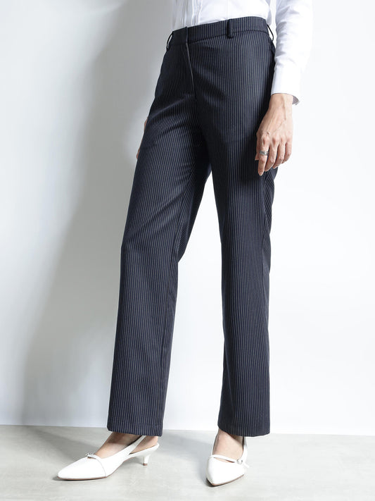 Striped Straight Fit Trousers - Navy Blue