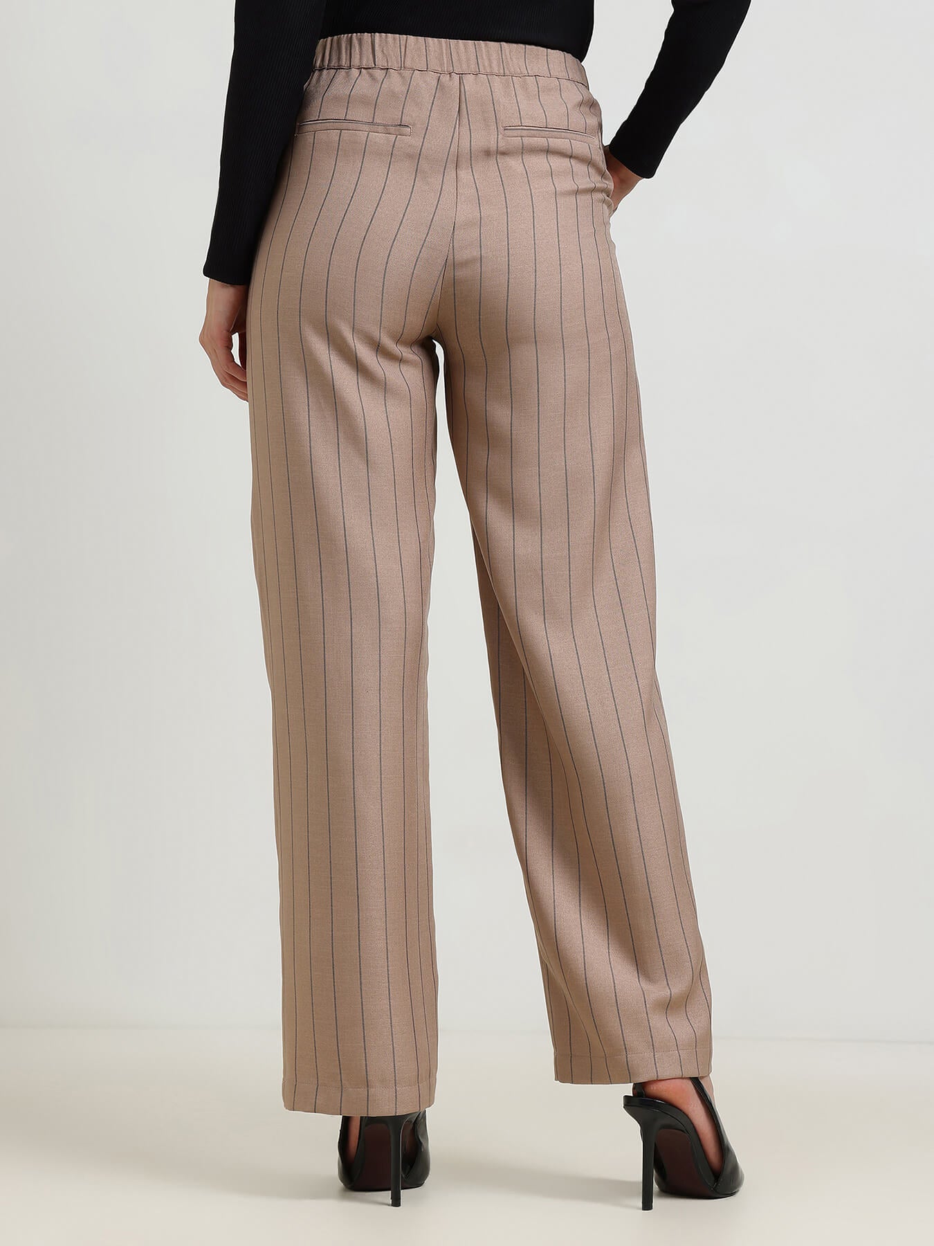 Striped Straight Pull-On Trousers - Beige