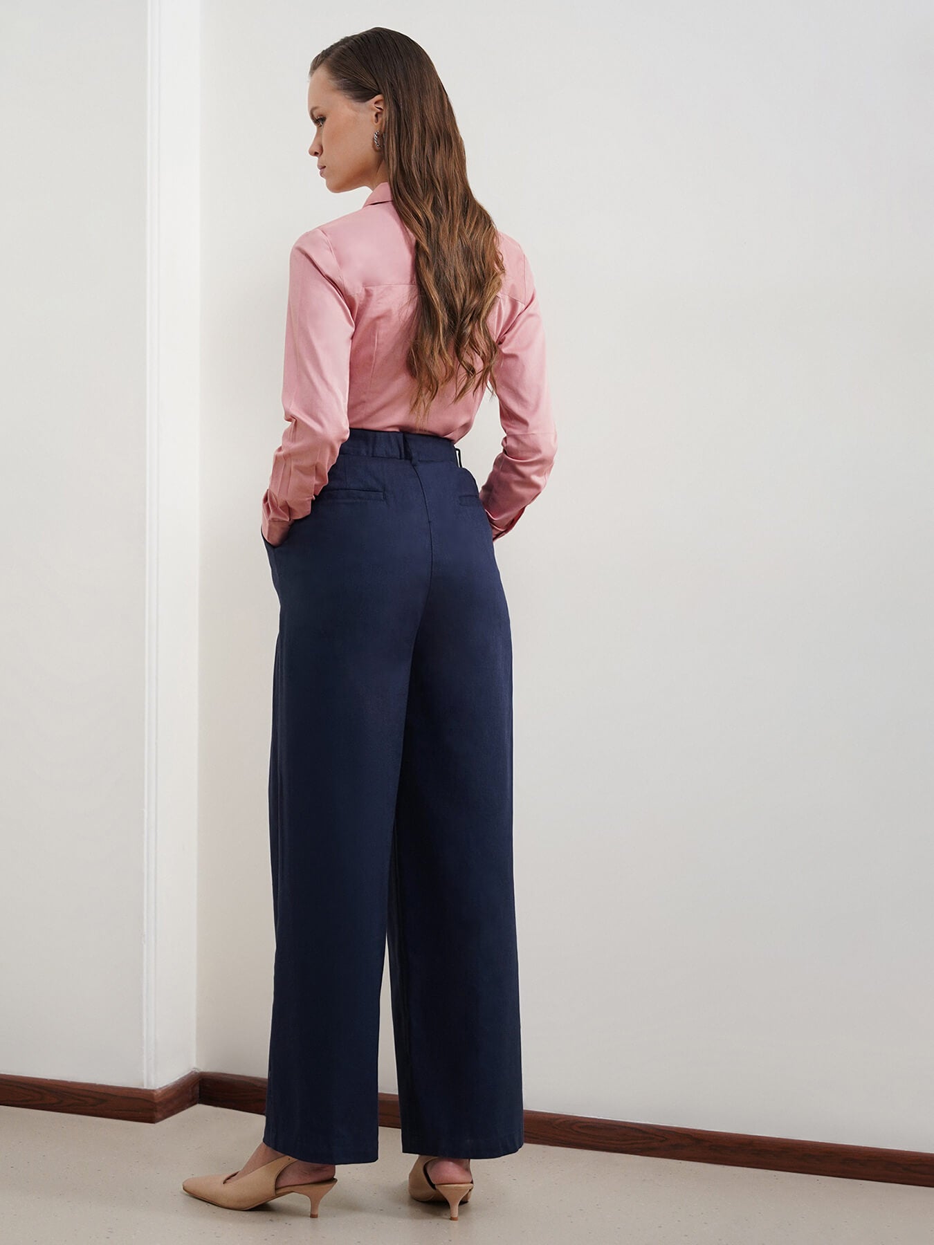 Cotton Linen Wideleg Trousers - Navy