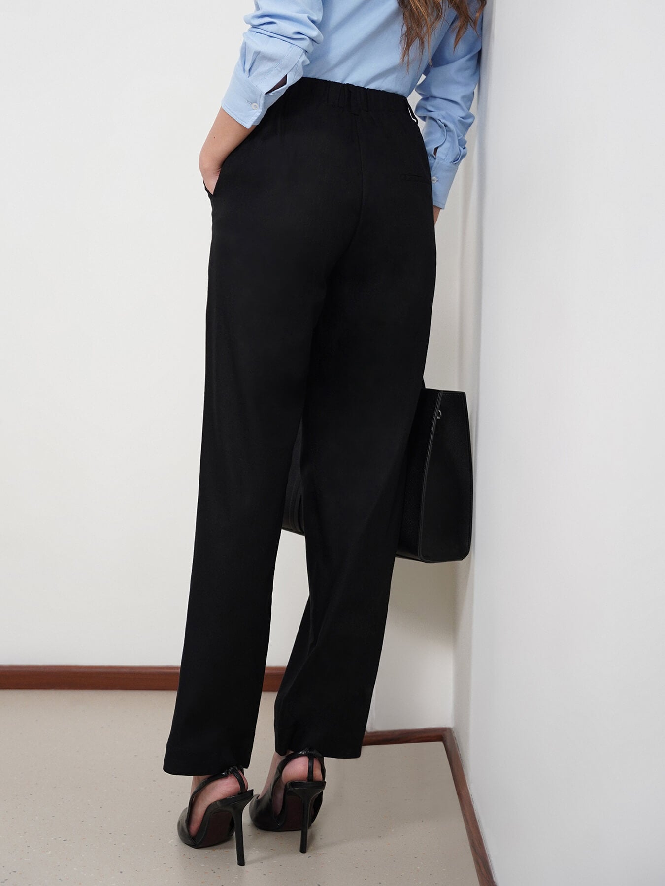 Cotton Linen Straight Fit Trousers - Black