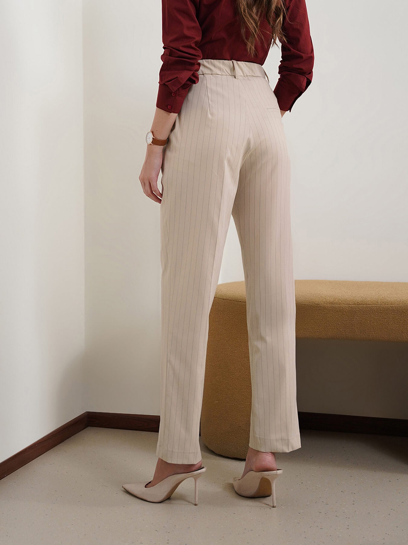 Striped Straight Fit Trousers - Beige
