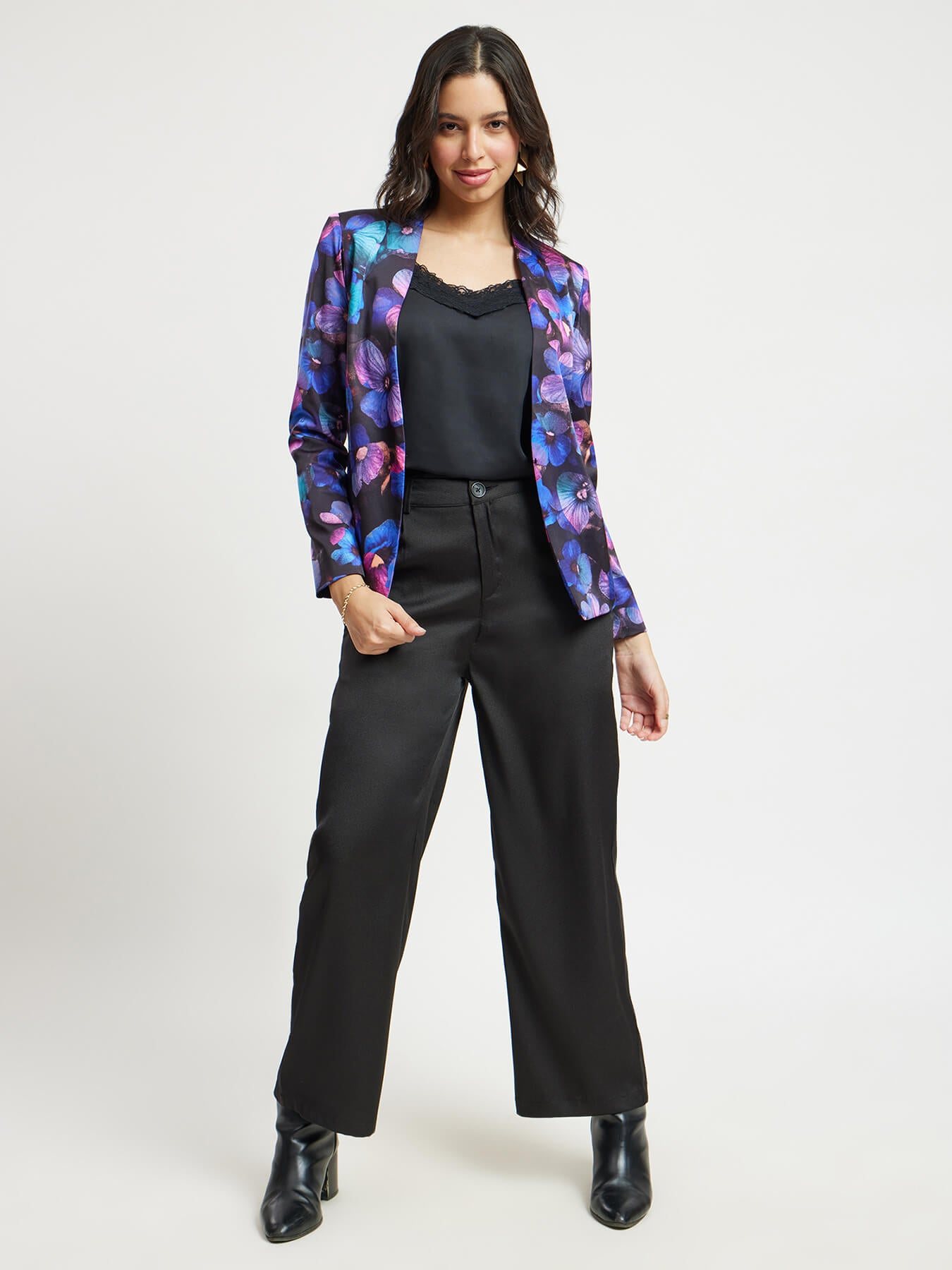 Satin Floral Print Blazer - Navy And Black