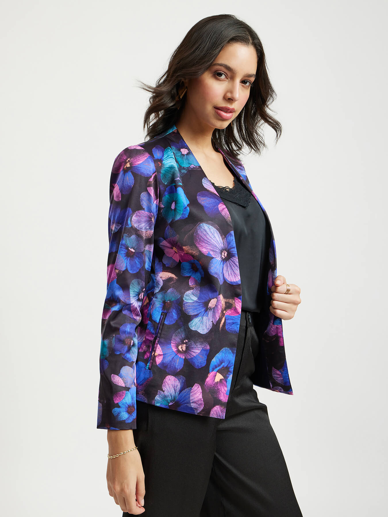 Satin Floral Print Blazer - Navy And Black