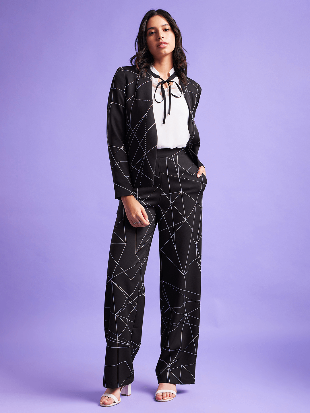 Open Front Blazer - Black And White