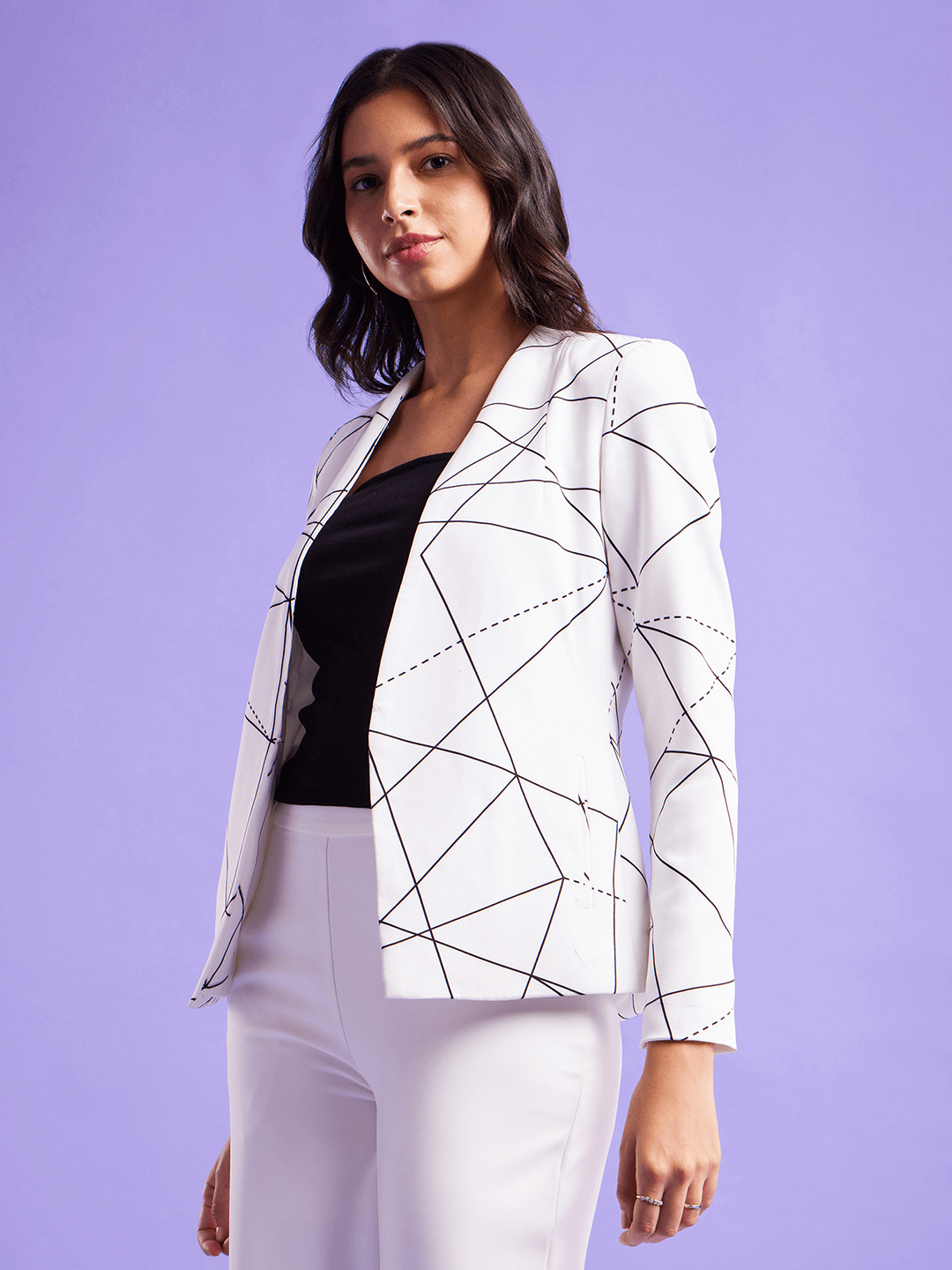 Geometric Open Front Blazer - White And Black