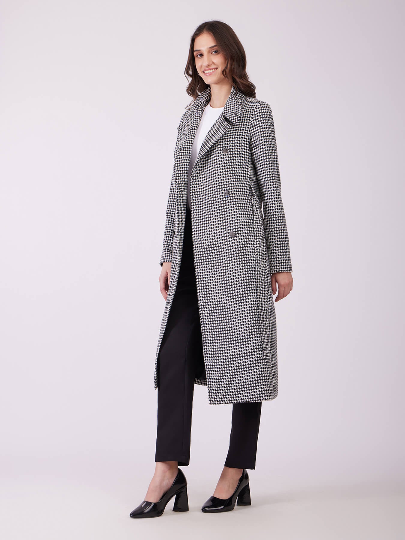 Tweed Wool Longline Overcoat - Black