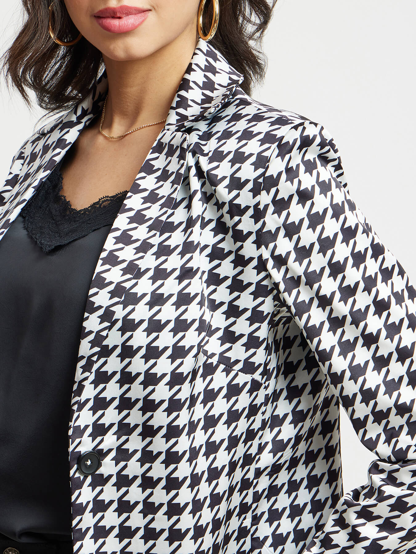 Satin Houndstooth Print Blazer - White And Black
