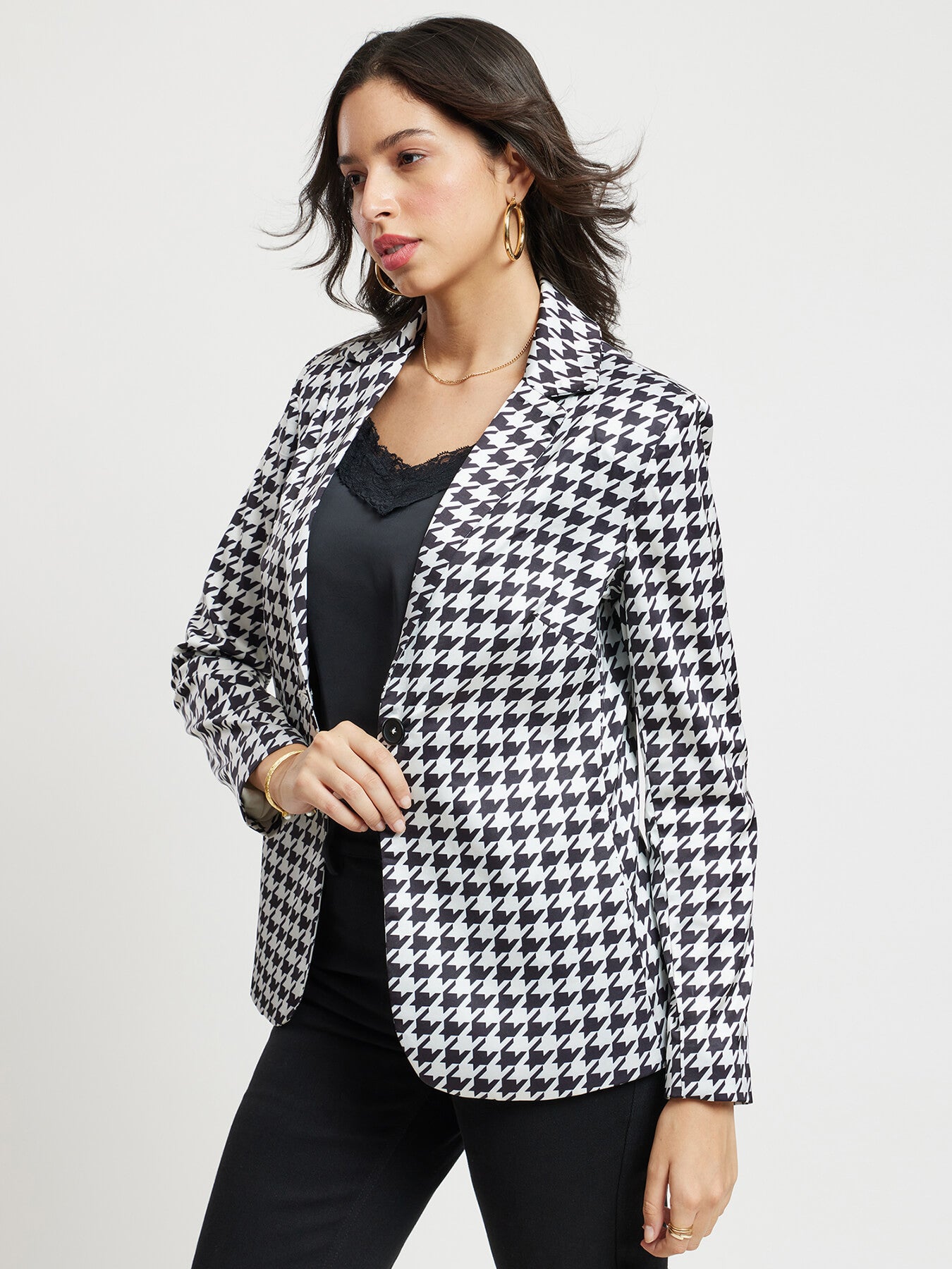 Satin Houndstooth Print Blazer - White And Black