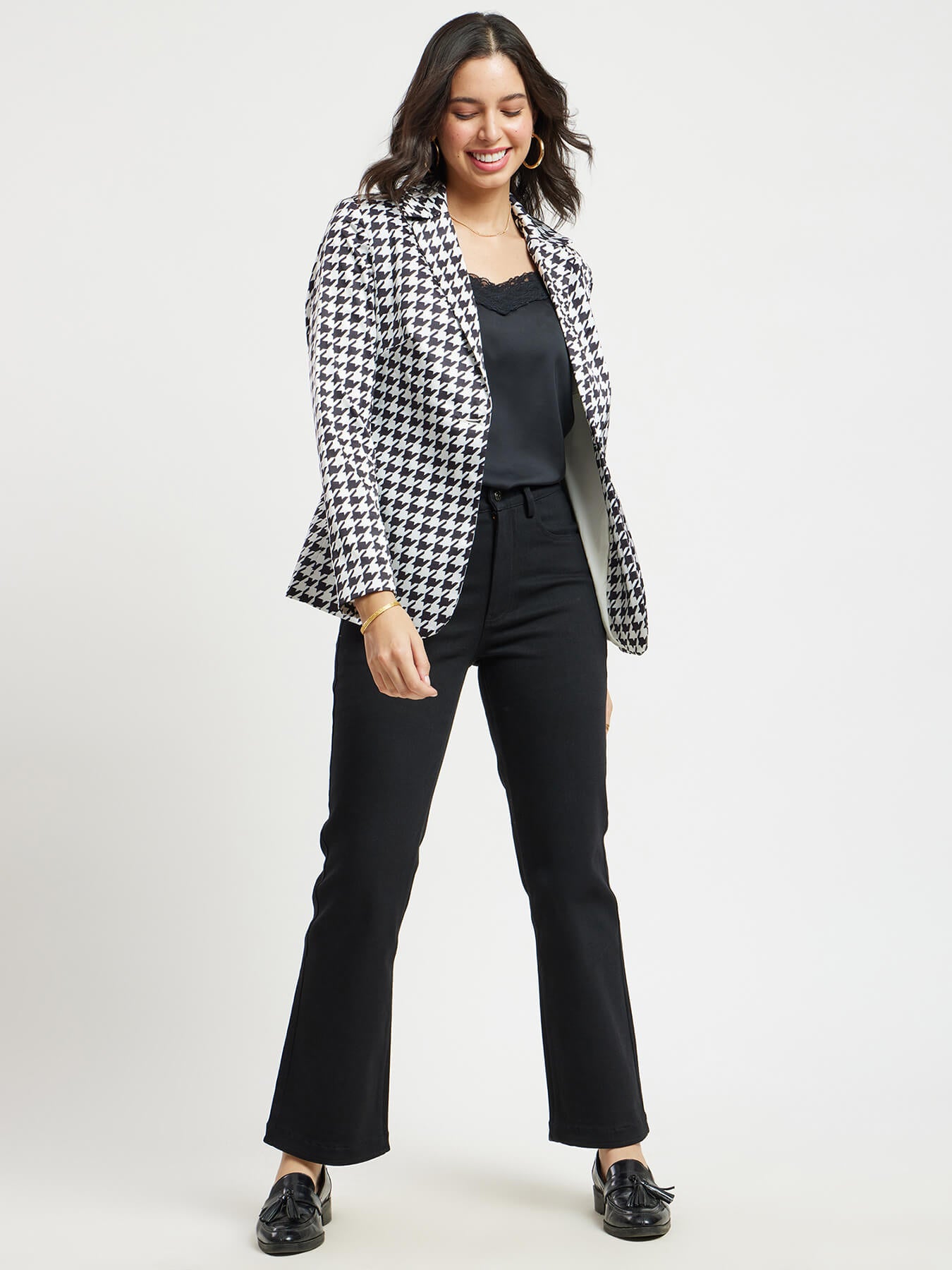 Satin Houndstooth Print Blazer - White And Black