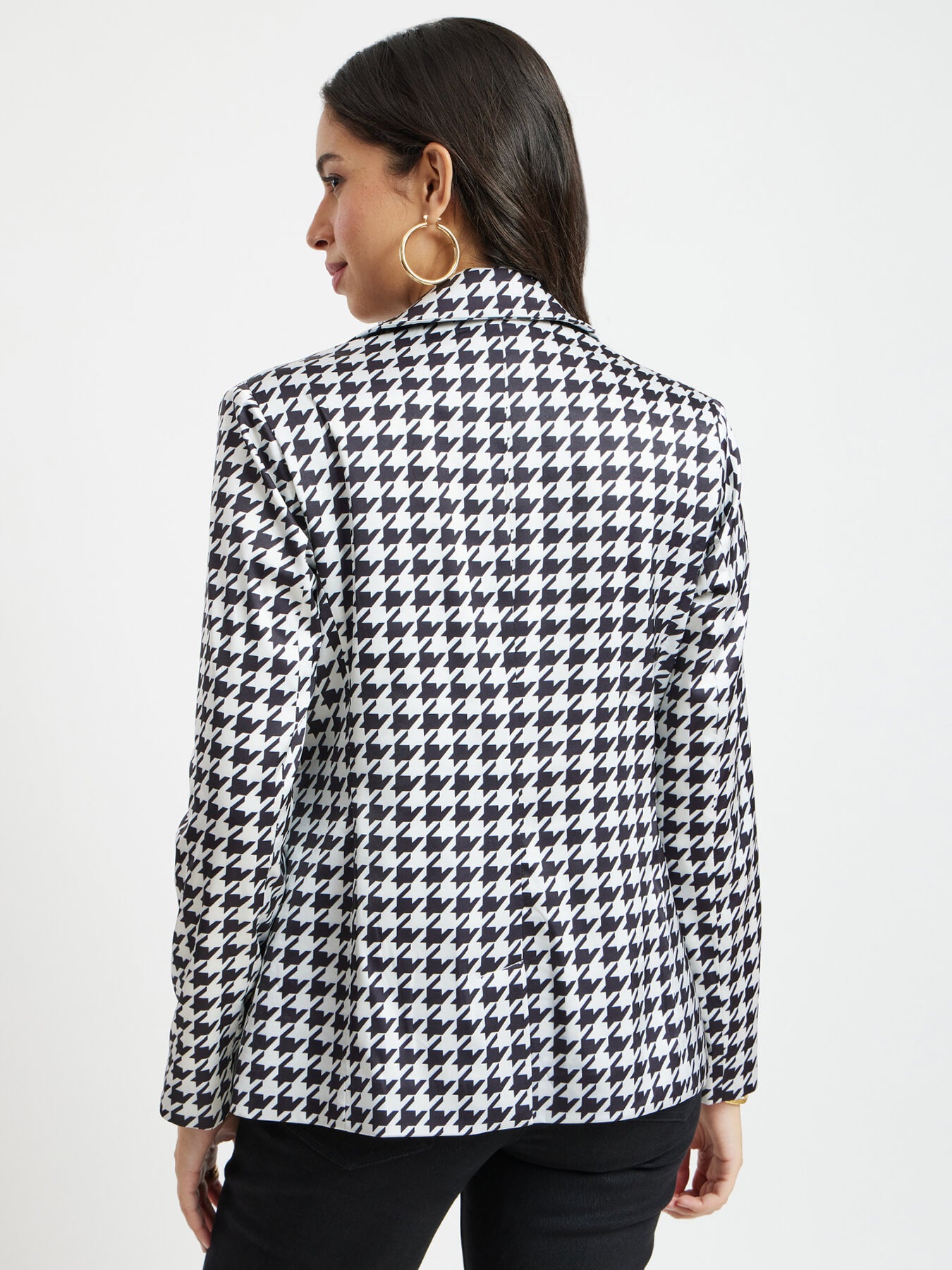 Satin Houndstooth Print Blazer - White And Black
