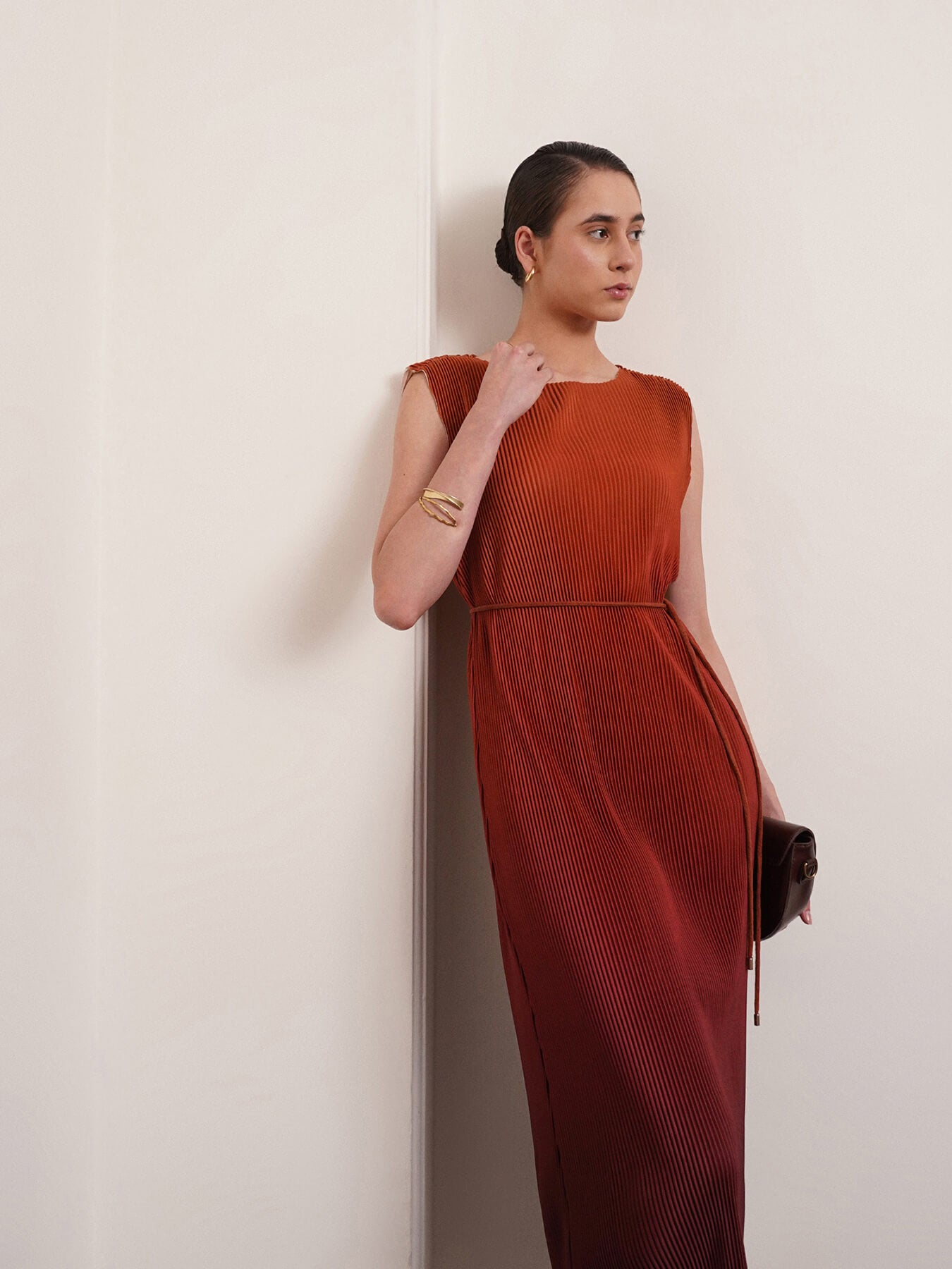 Ombre Pleated Dress - Brown