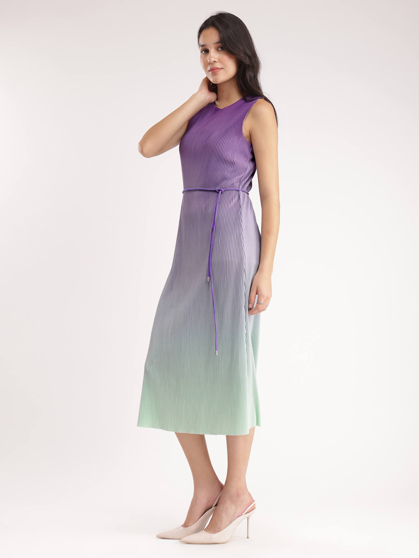 Ombre Pleated Knit Dress - Purple