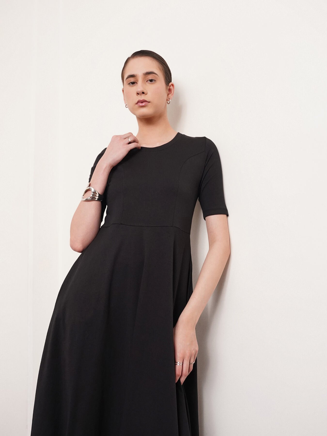 Cotton Round Neck Knitted Fit And Flare Dress - Black