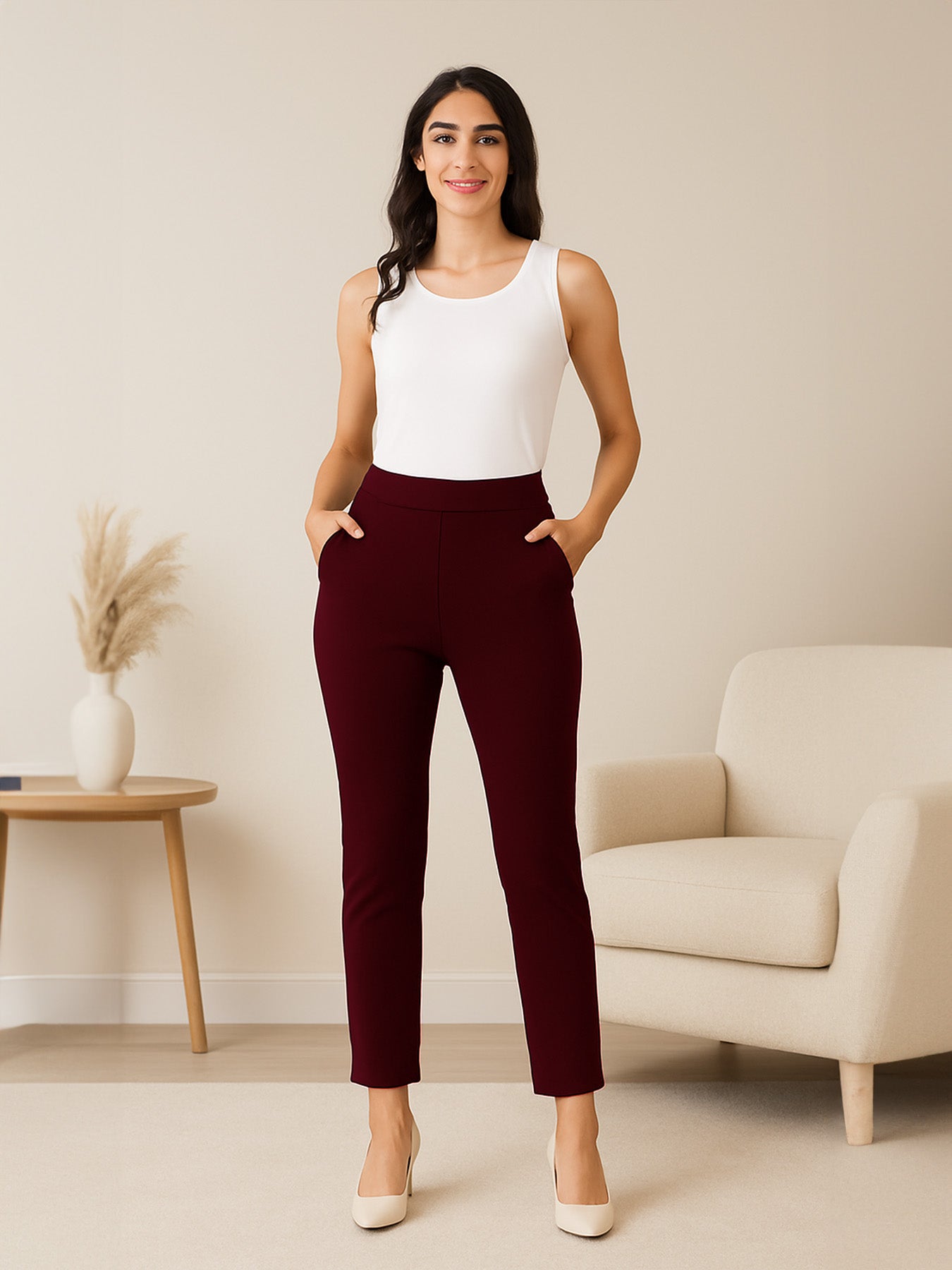 LivIn Straight Fit Pants With Buttons - Maroon