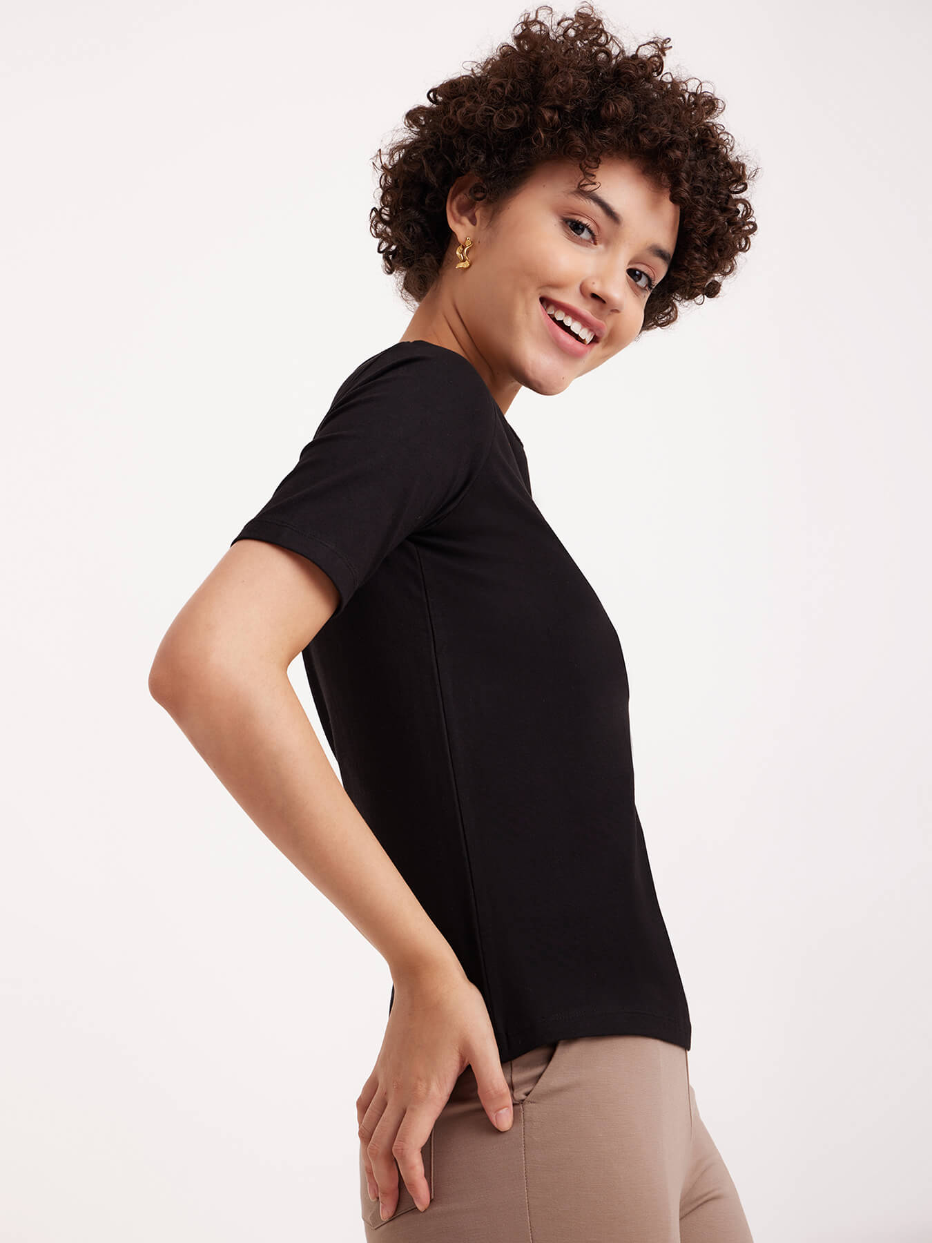 Cotton Boat Neck Knitted T Shirt - Black