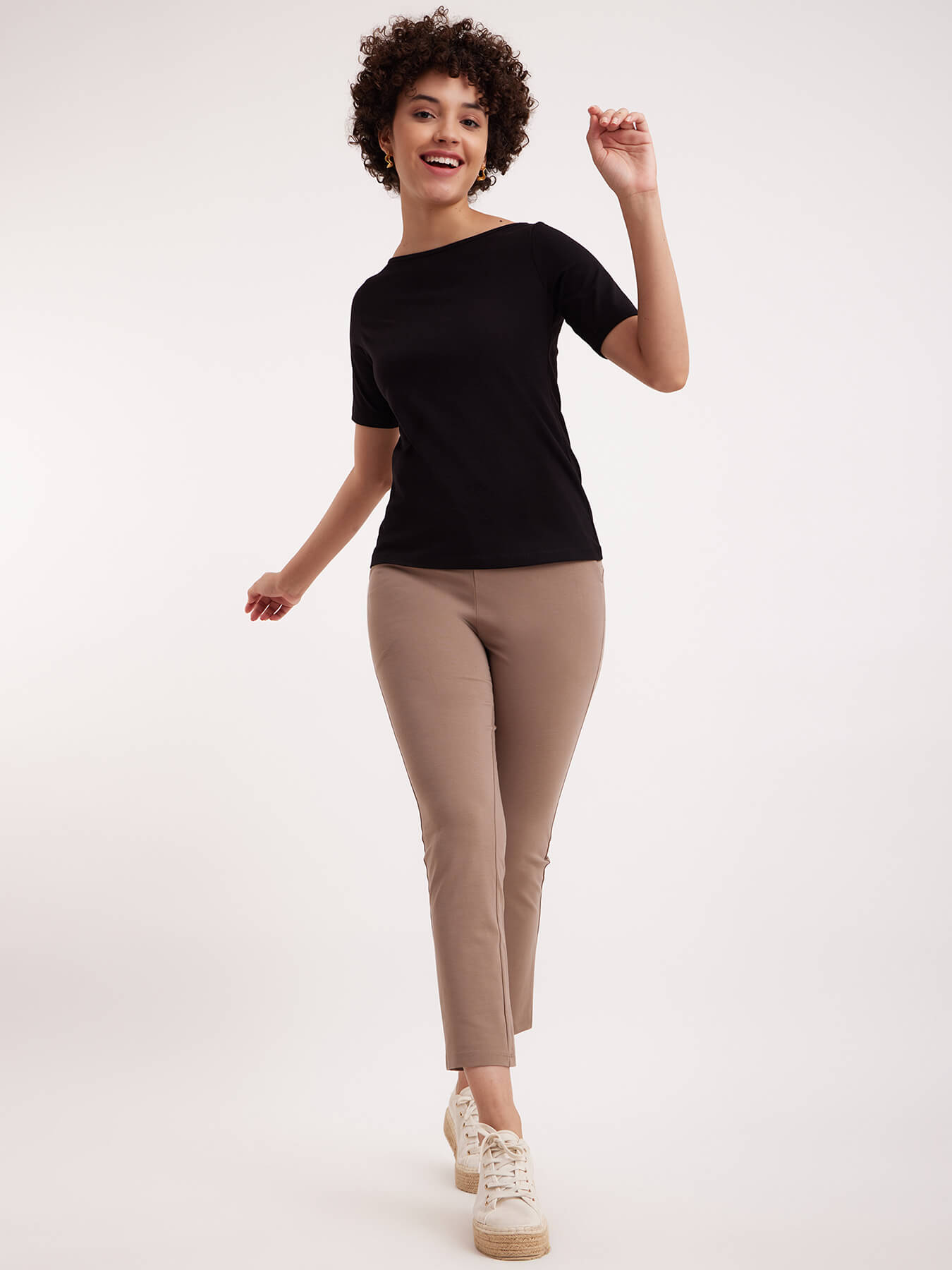 Cotton Boat Neck Knitted T Shirt - Black