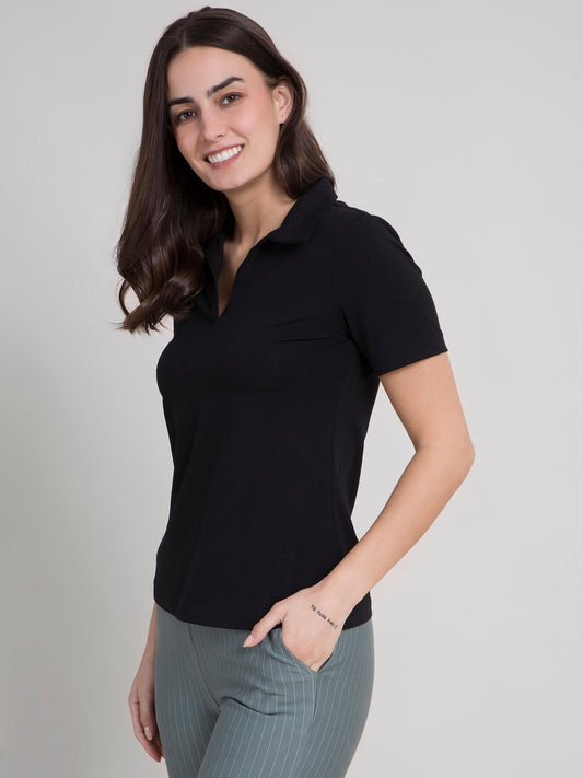 4 Way Stretch Collared LivIn T-shirt - Black