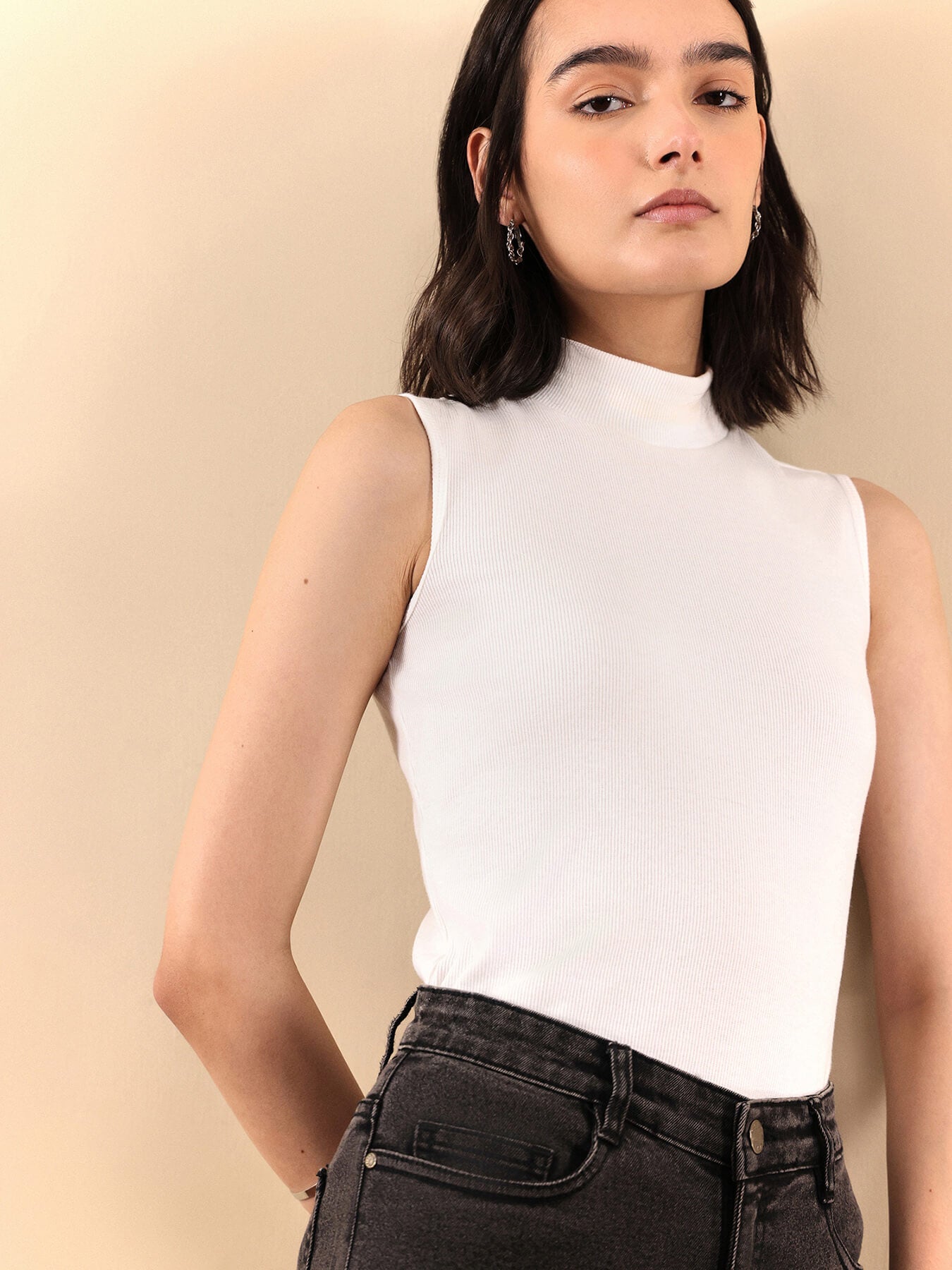 Cotton Sleeveless Rib Tee - White