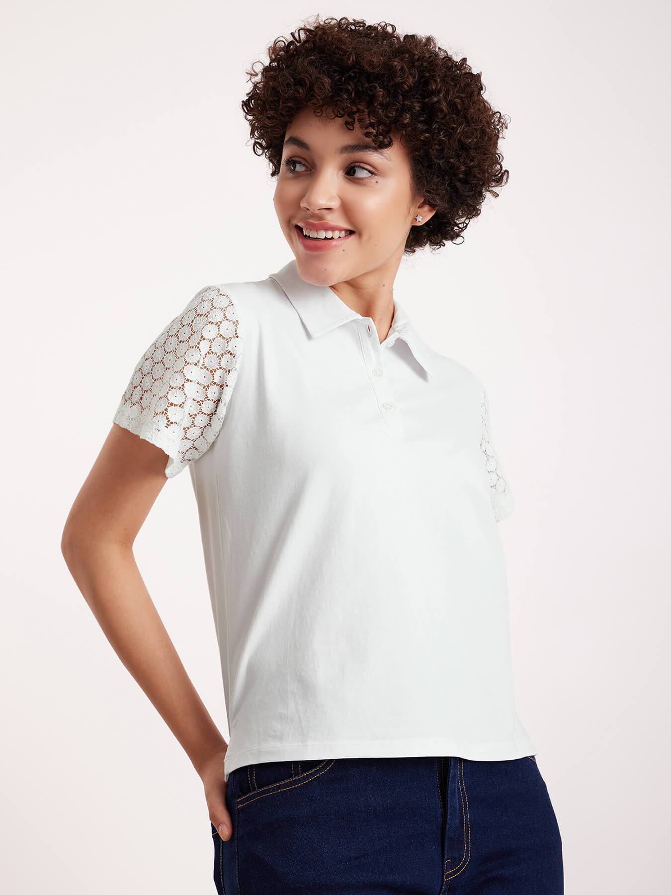 Single Jersey Schiffli Sleeves Polo Tee - White