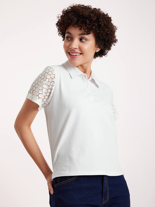 Single Jersey Schiffli Sleeves Polo Tee - White