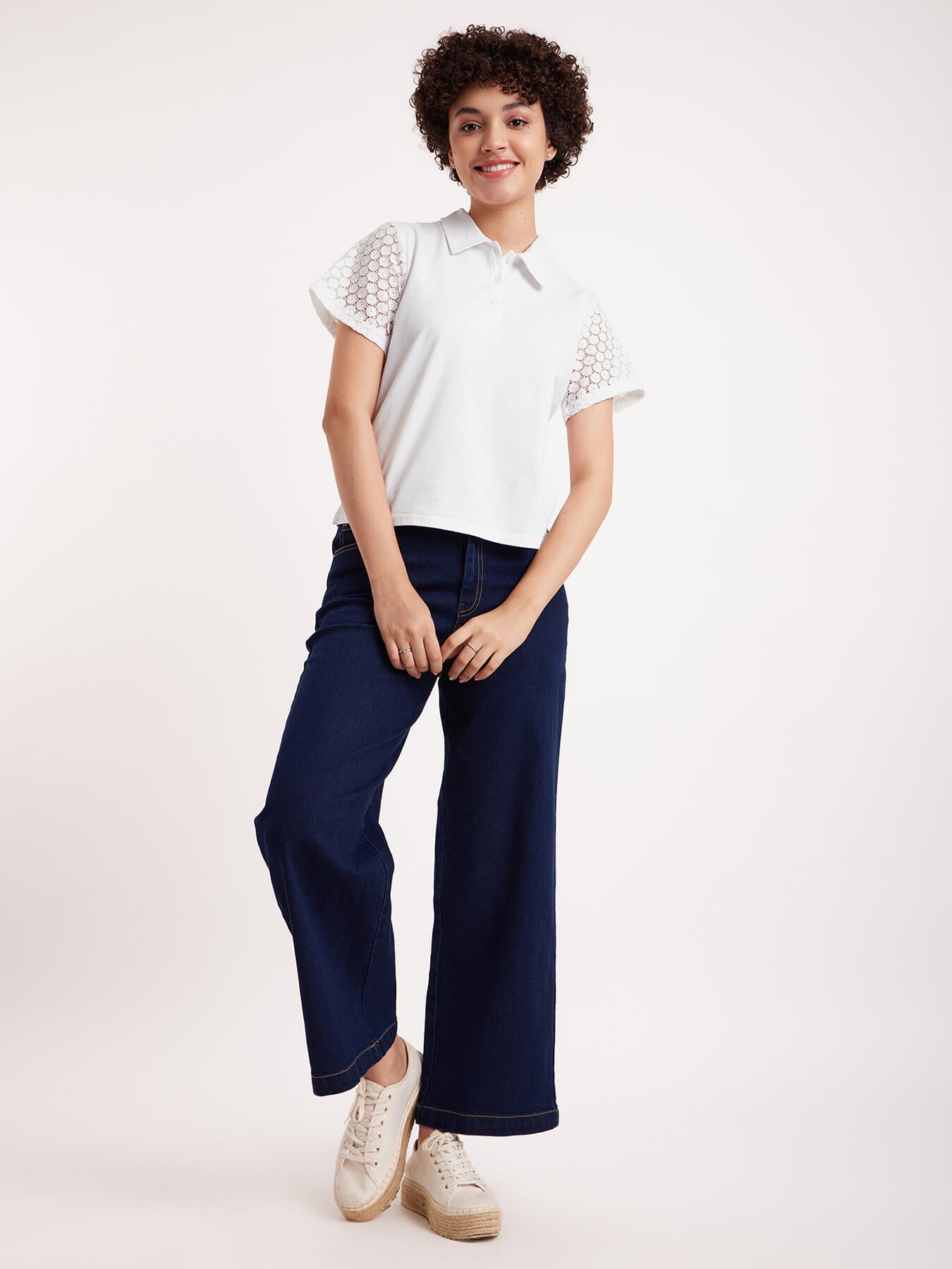 Single Jersey Schiffli Sleeves Polo Tee - White