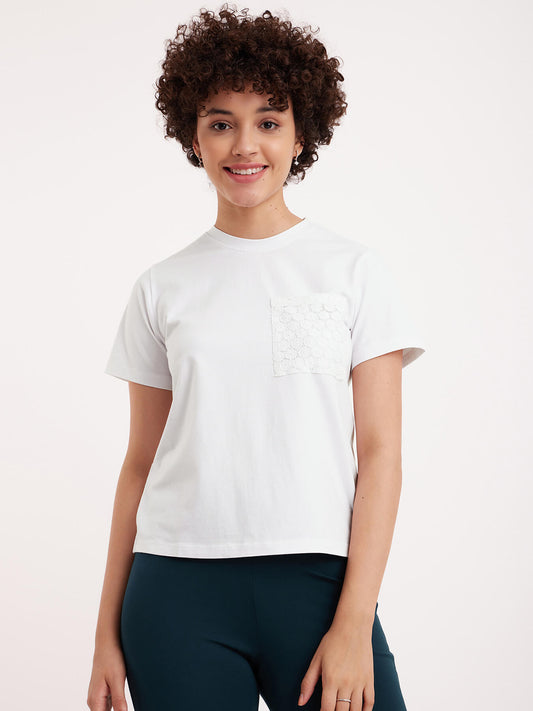 Single Jersey Schiffli Pocket Tee - White