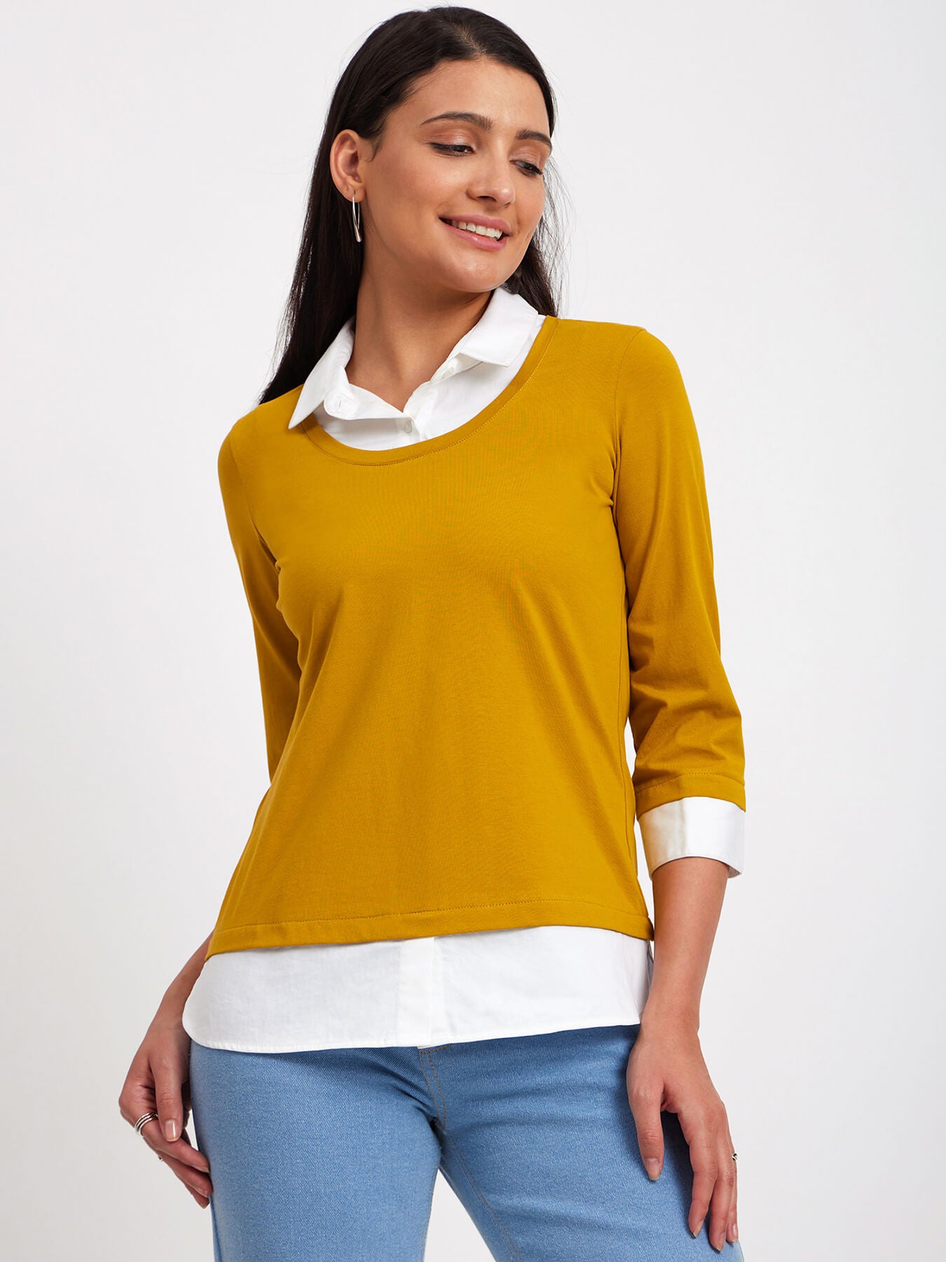 Cotton Colour Block Tee - Mustard And White