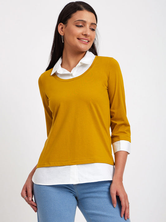 Cotton Colour Block Tee - Mustard And White