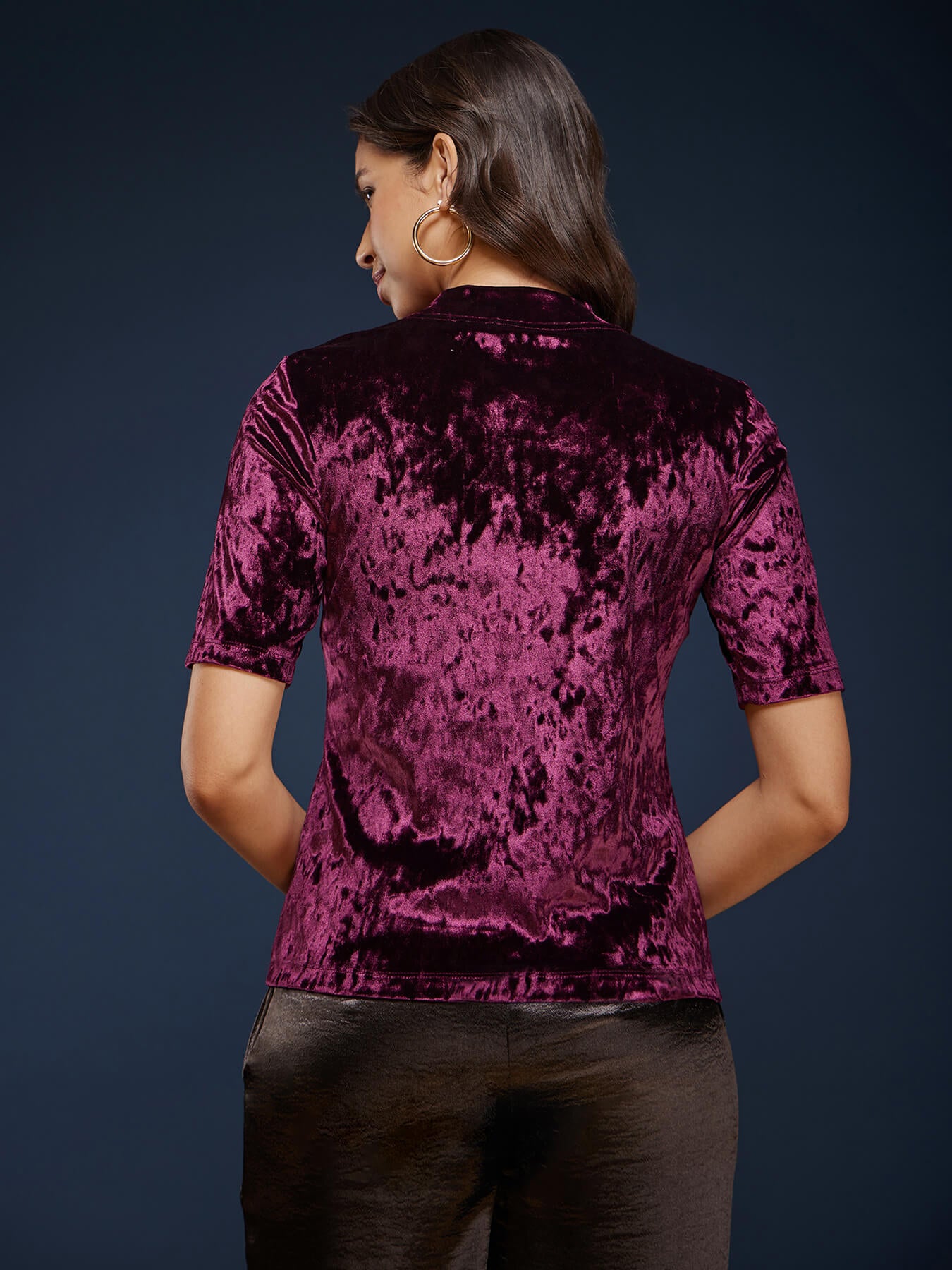 Band Neck Velvet Tee - Wine