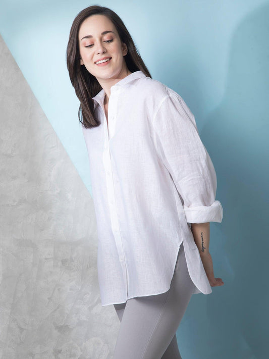 Cotton Collared Oversized Shirt - White