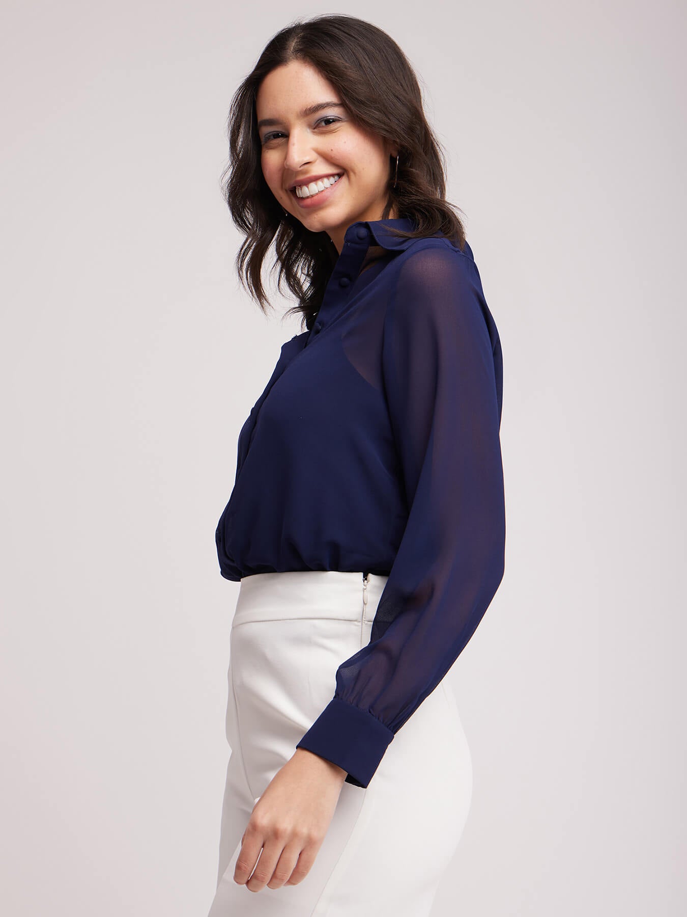 Solid Semi-Sheer Shirt - Navy Blue