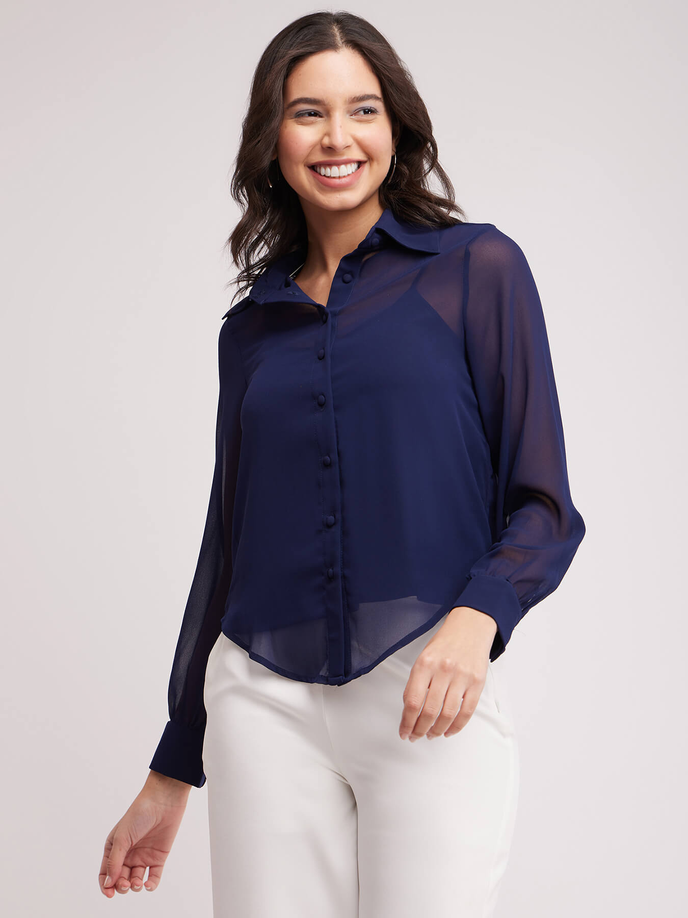 Solid Semi-Sheer Shirt - Navy Blue