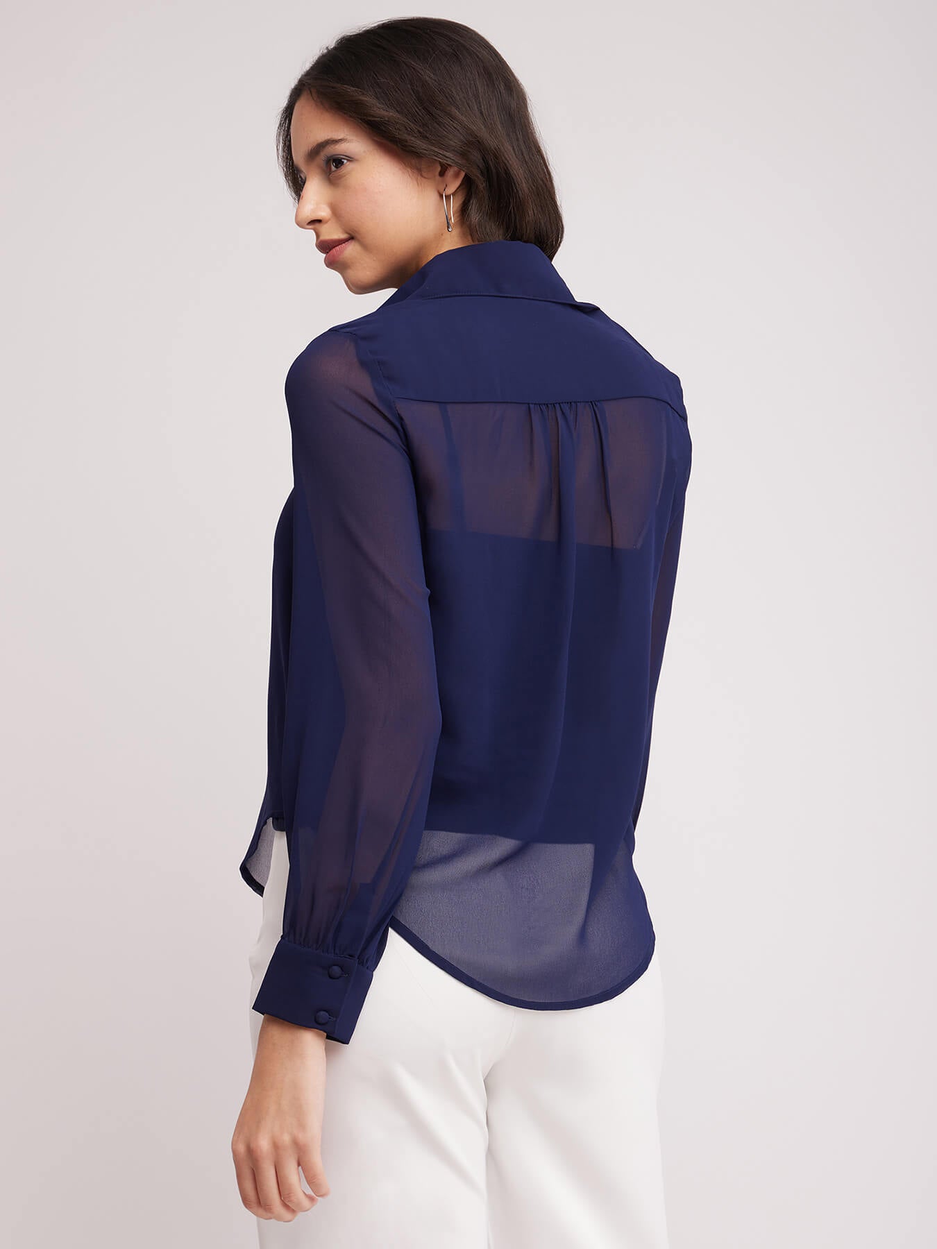 Solid Semi-Sheer Shirt - Navy Blue