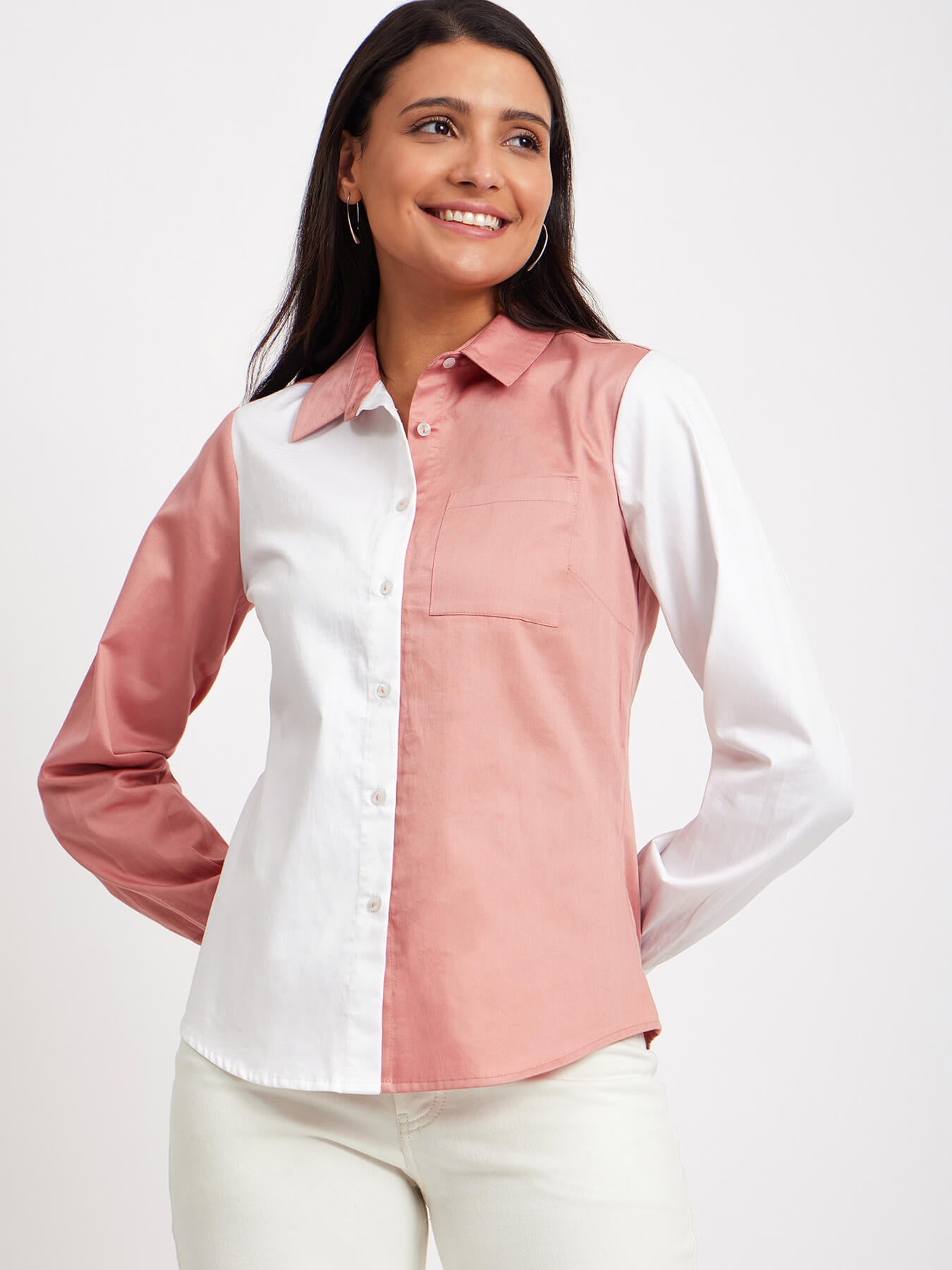 Cotton Satin Colour Block Shirt - Dusty Pink And White