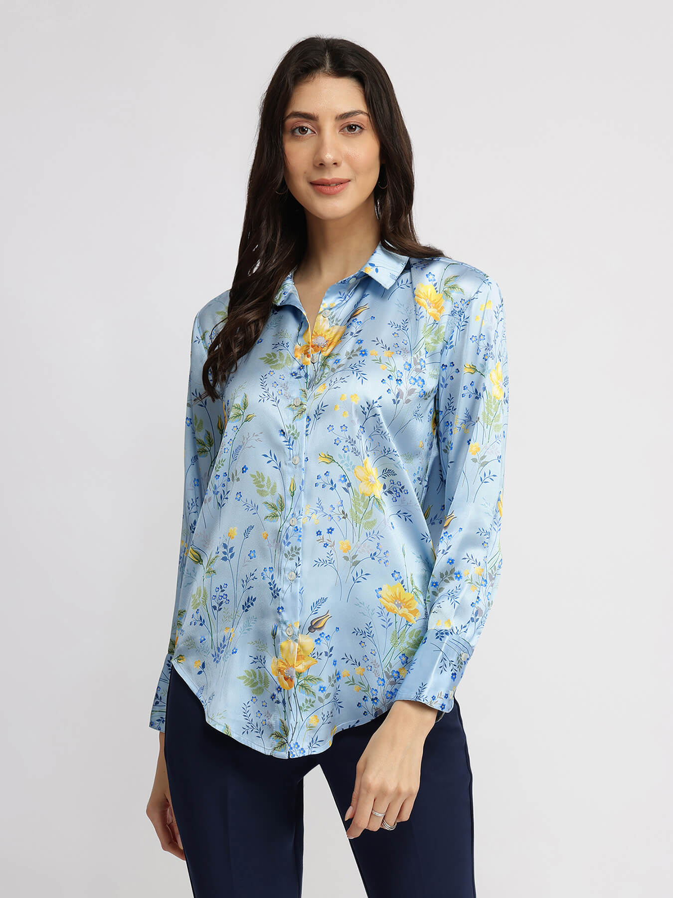 Satin Floral Shirt - Blue