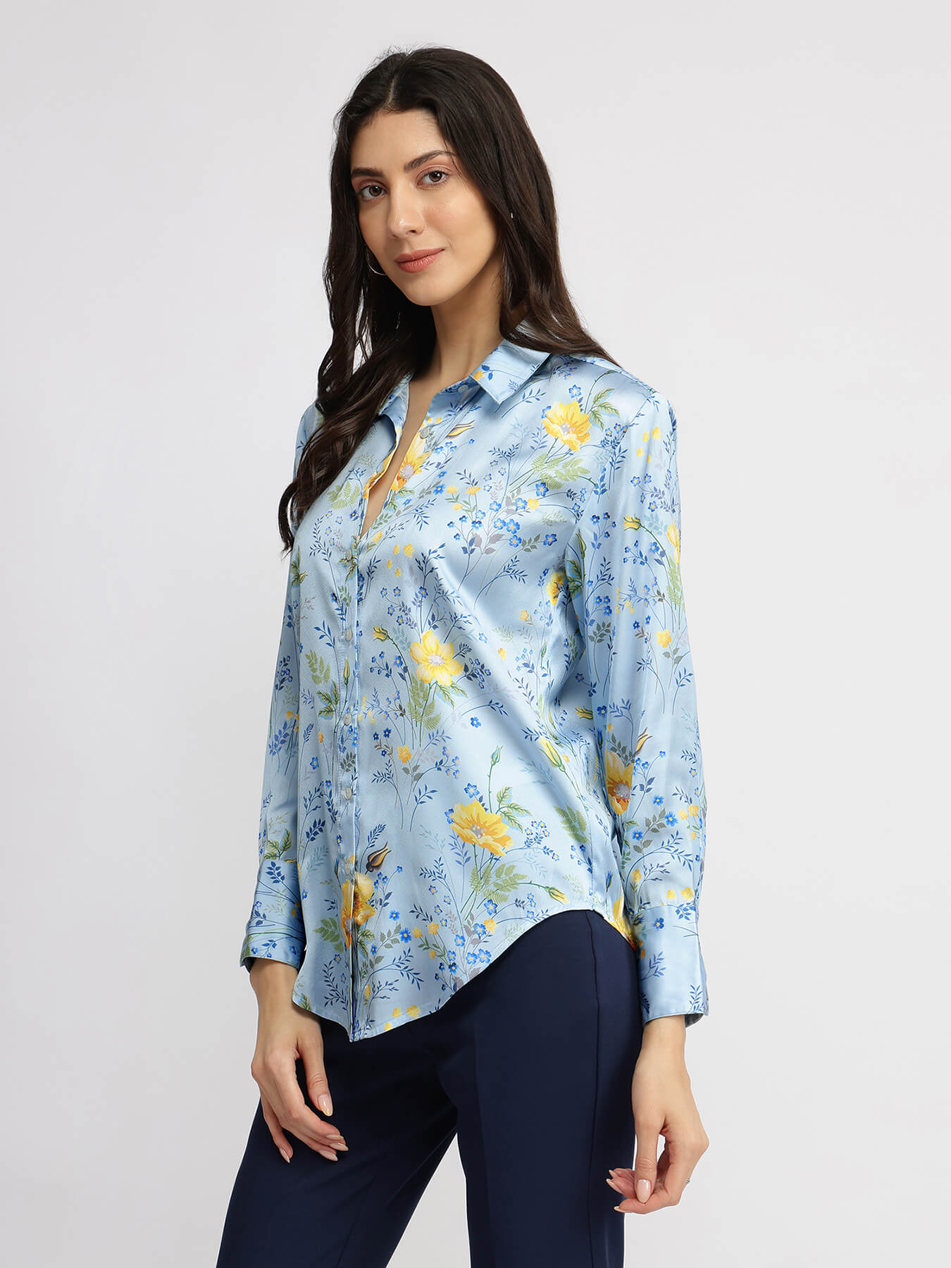 Satin Floral Shirt - Blue
