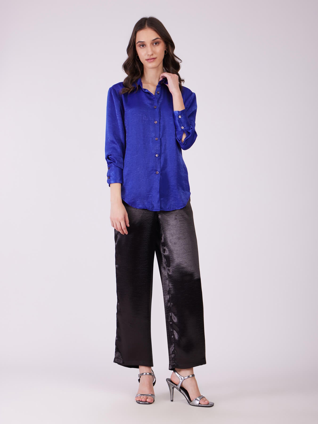 Satin Collared Neck Shirt - Royal Blue