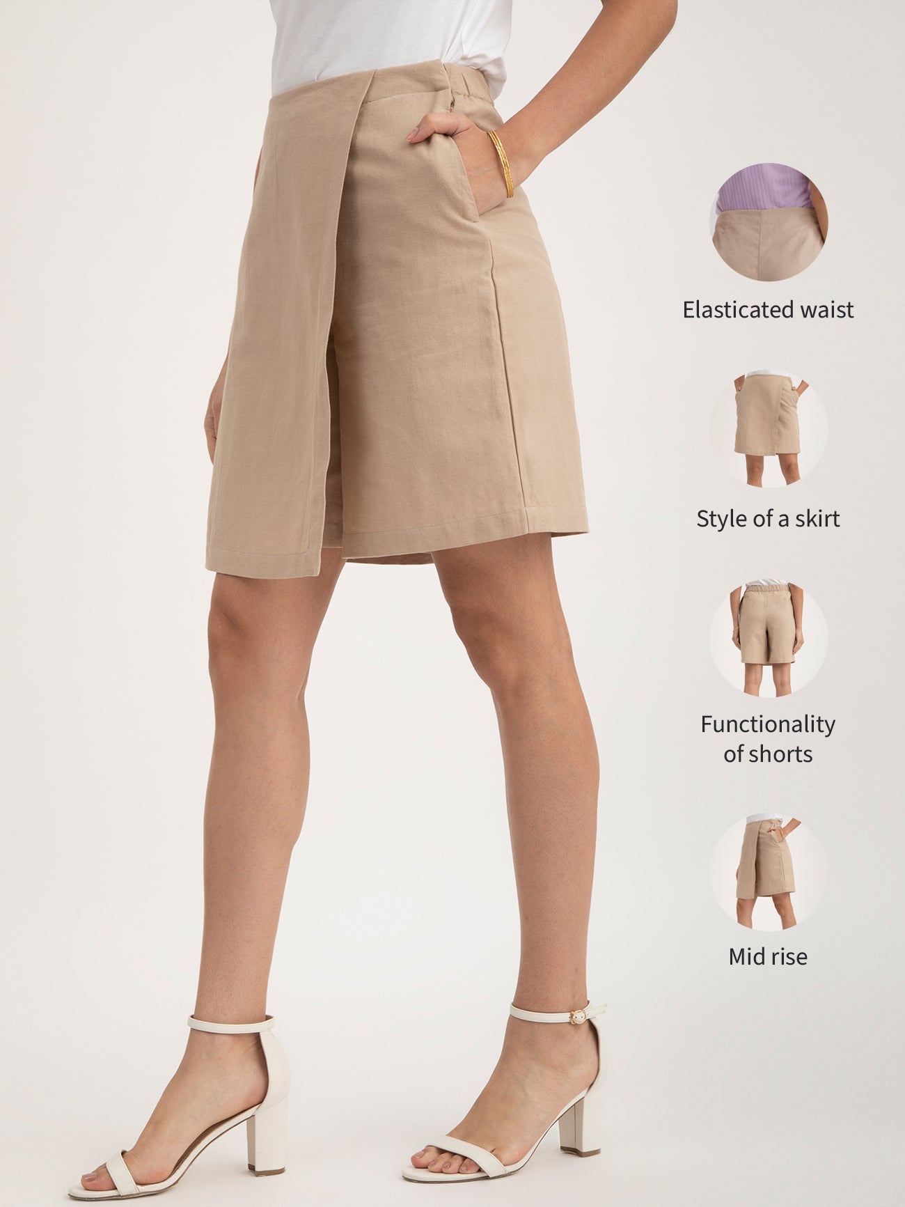 Linen Front Overlap Panel Skort - Beige