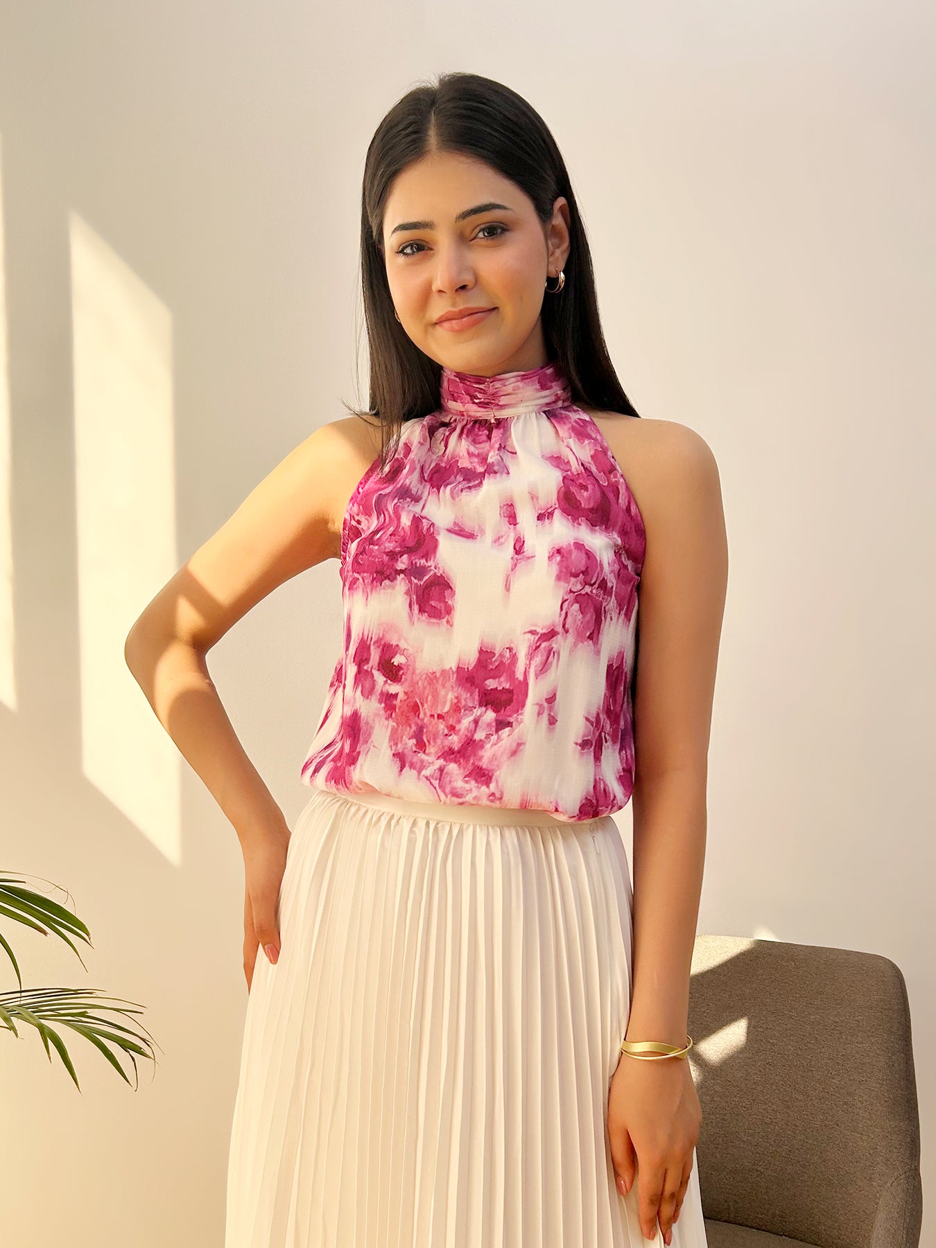 Floral Halter Neck Top - Pink And White