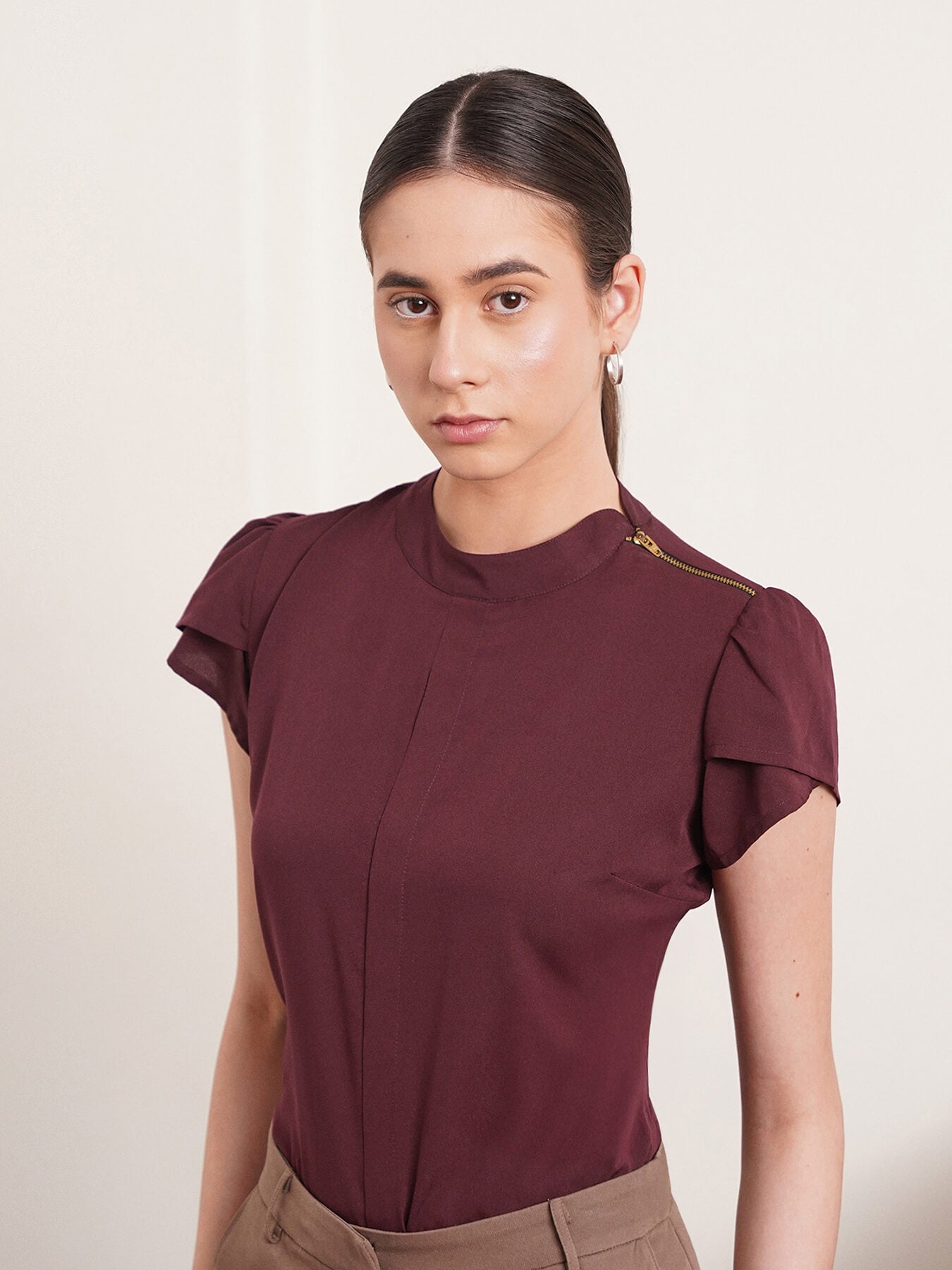Collared Zipper Top - Maroon