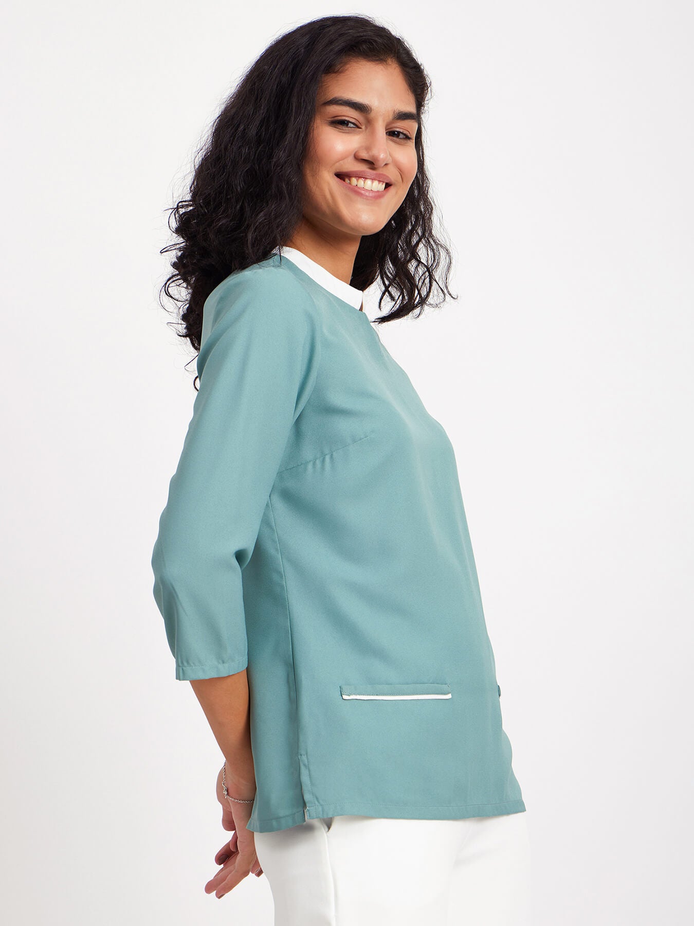 Mandarin Neck Colour Block Top - Green And White