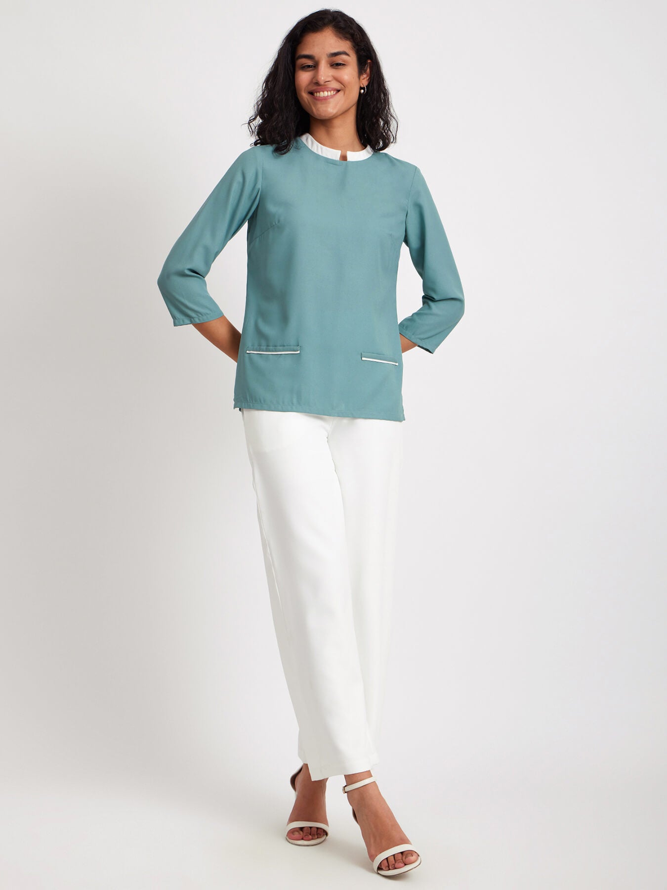 Mandarin Neck Colour Block Top - Green And White