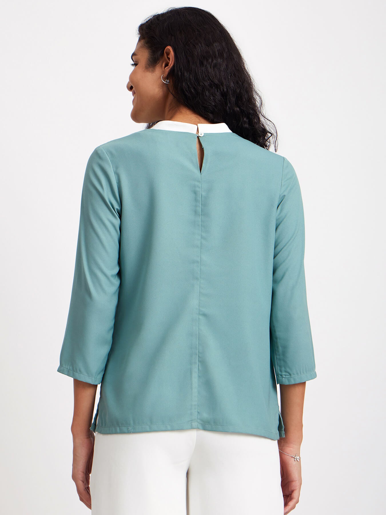Mandarin Neck Colour Block Top - Green And White