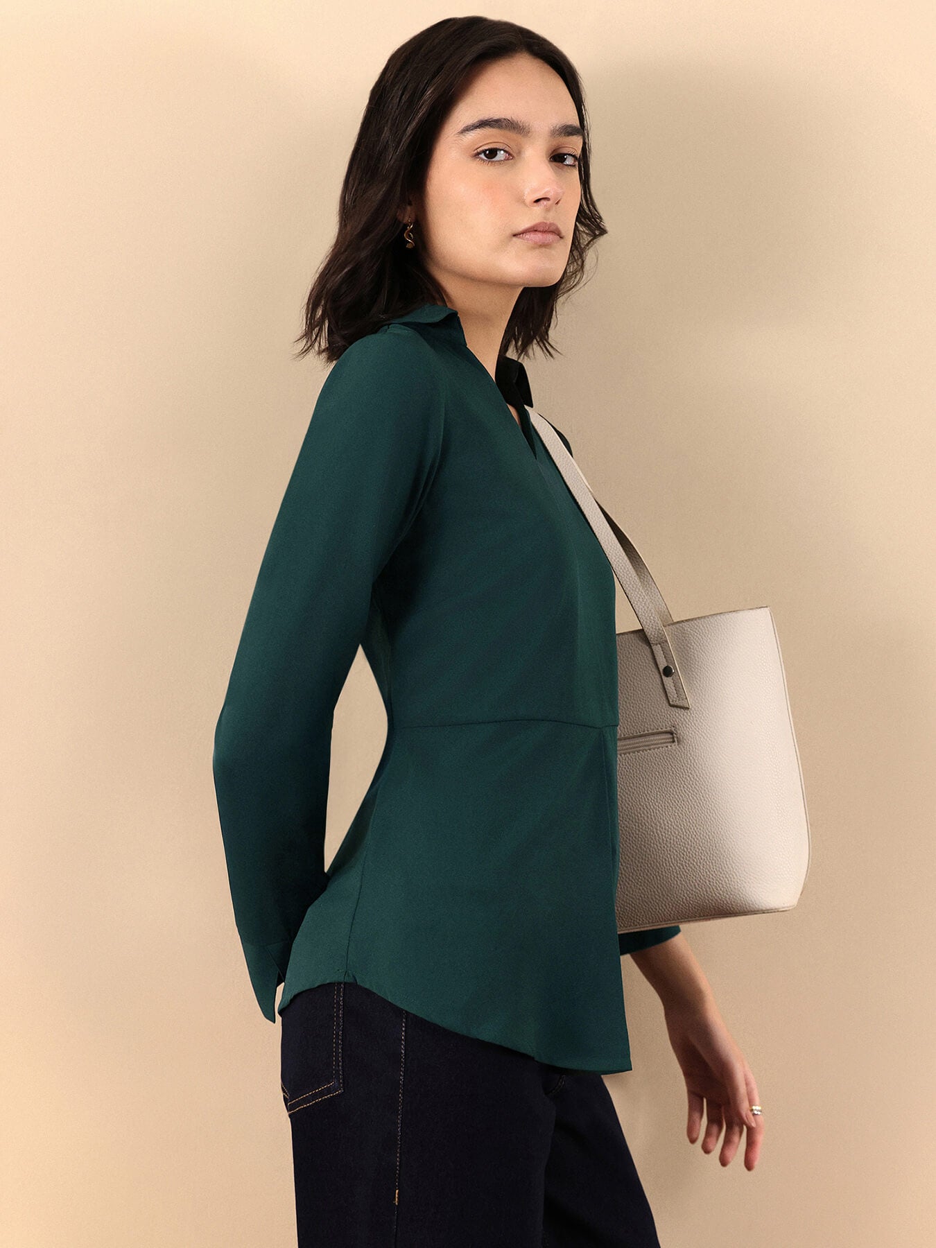 Collared V Neck Full Sleeve Top - Dark Green