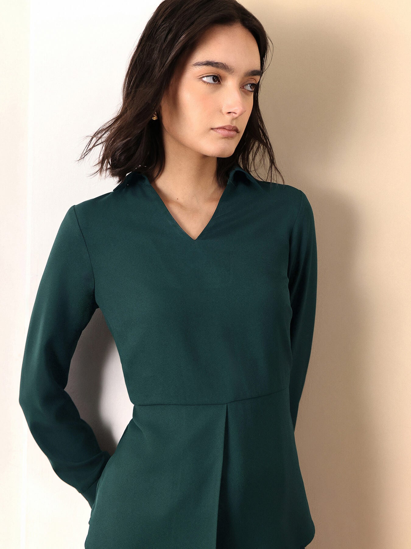 Collared V Neck Full Sleeve Top - Dark Green