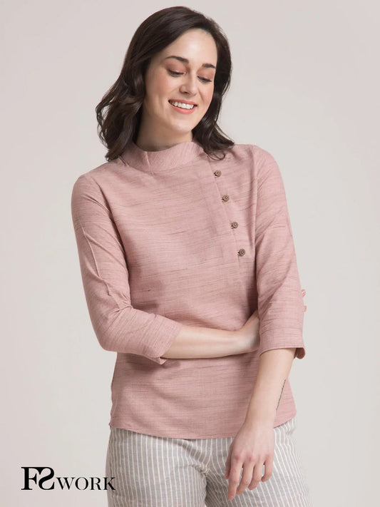 Cotton Yarn Dyed Mandarin Collar Button Detail Top - Dusty Pink