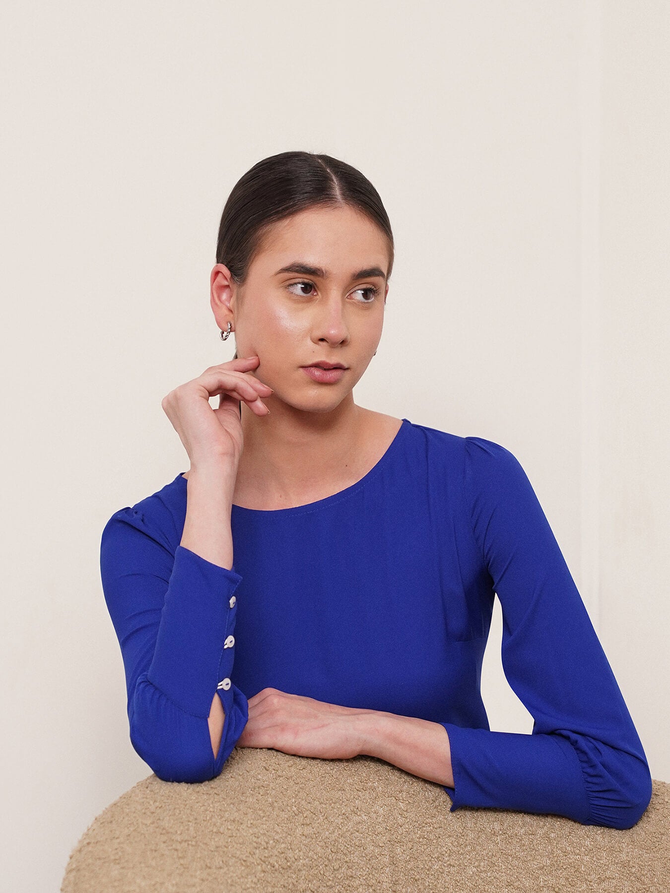 Boat Neck Top With Gather Details - Cobalt Blue