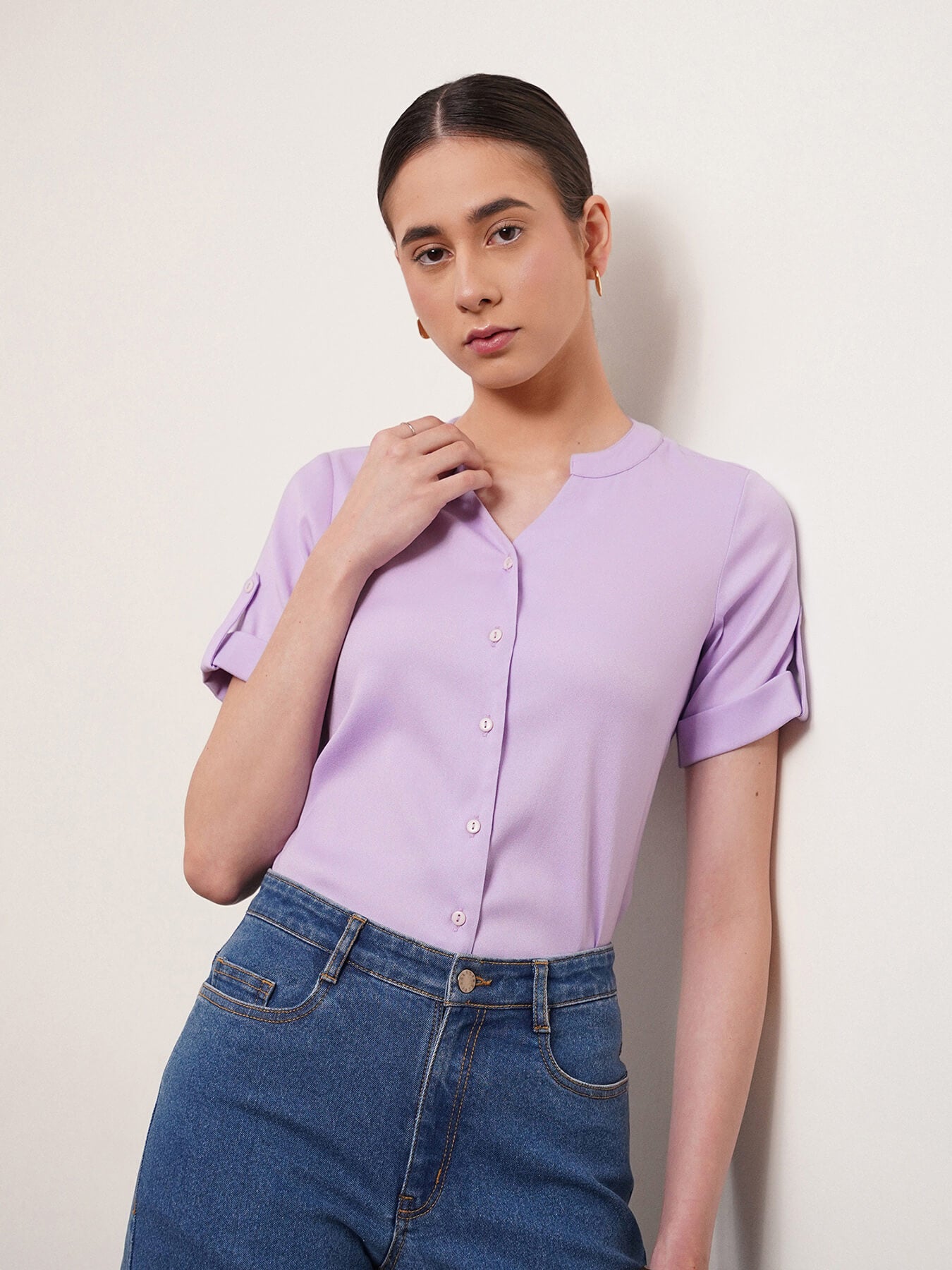 V Neck Button Detail Top - Lavender