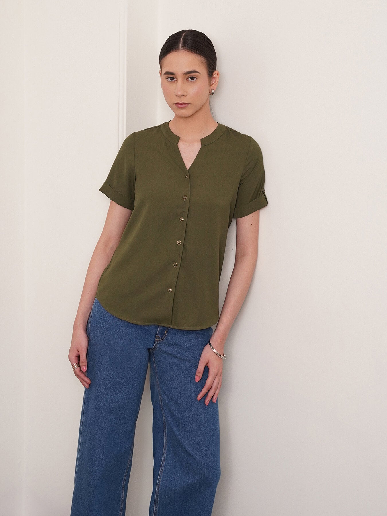 V Neck Folded Sleeve Top - Olive